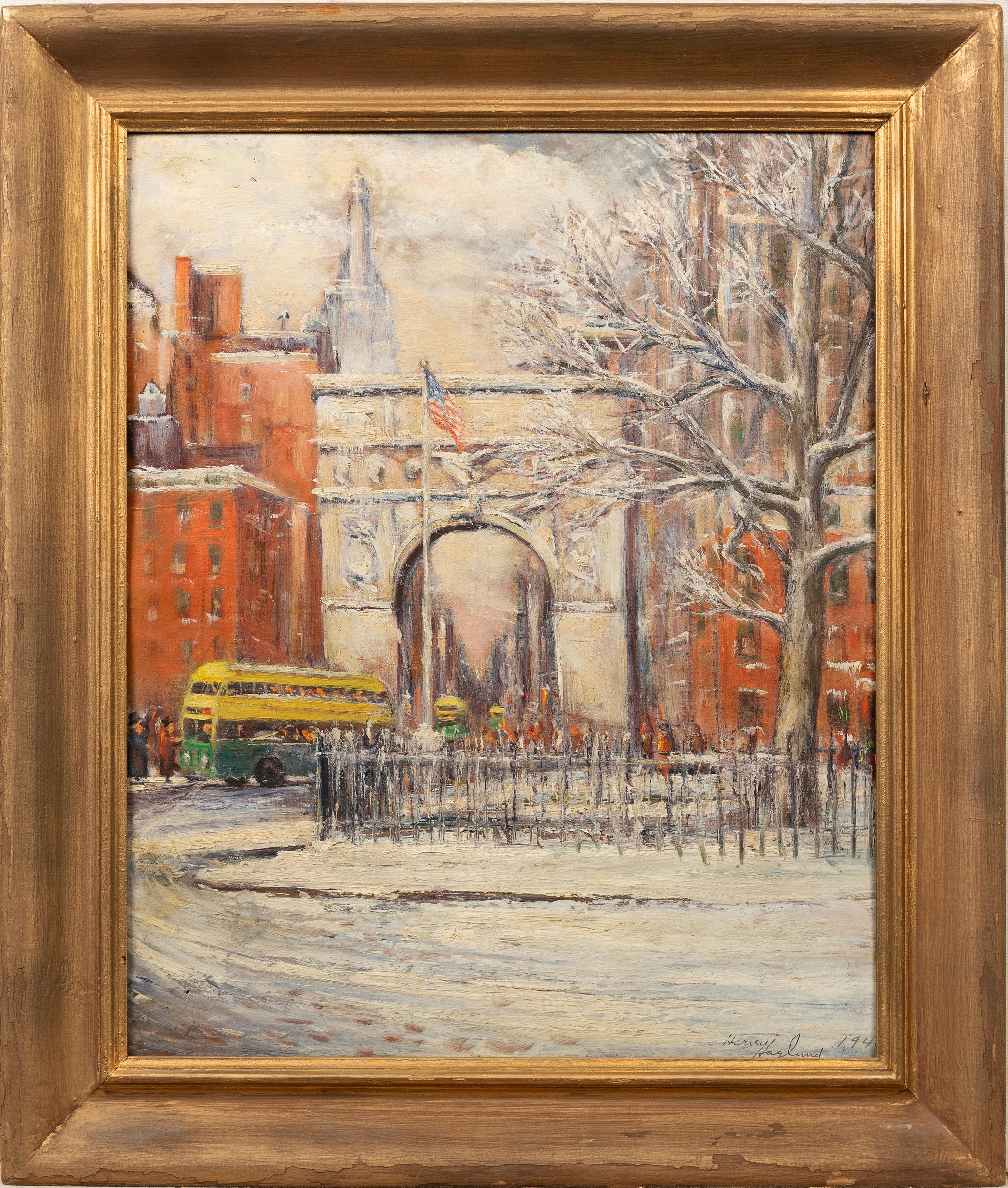 Antique American impressionist New York City scene.  A view of washington square park.  Signed and dated lower right.  Nicely framed.  Oil on canvasboard.  Image size, 16L x 20H.