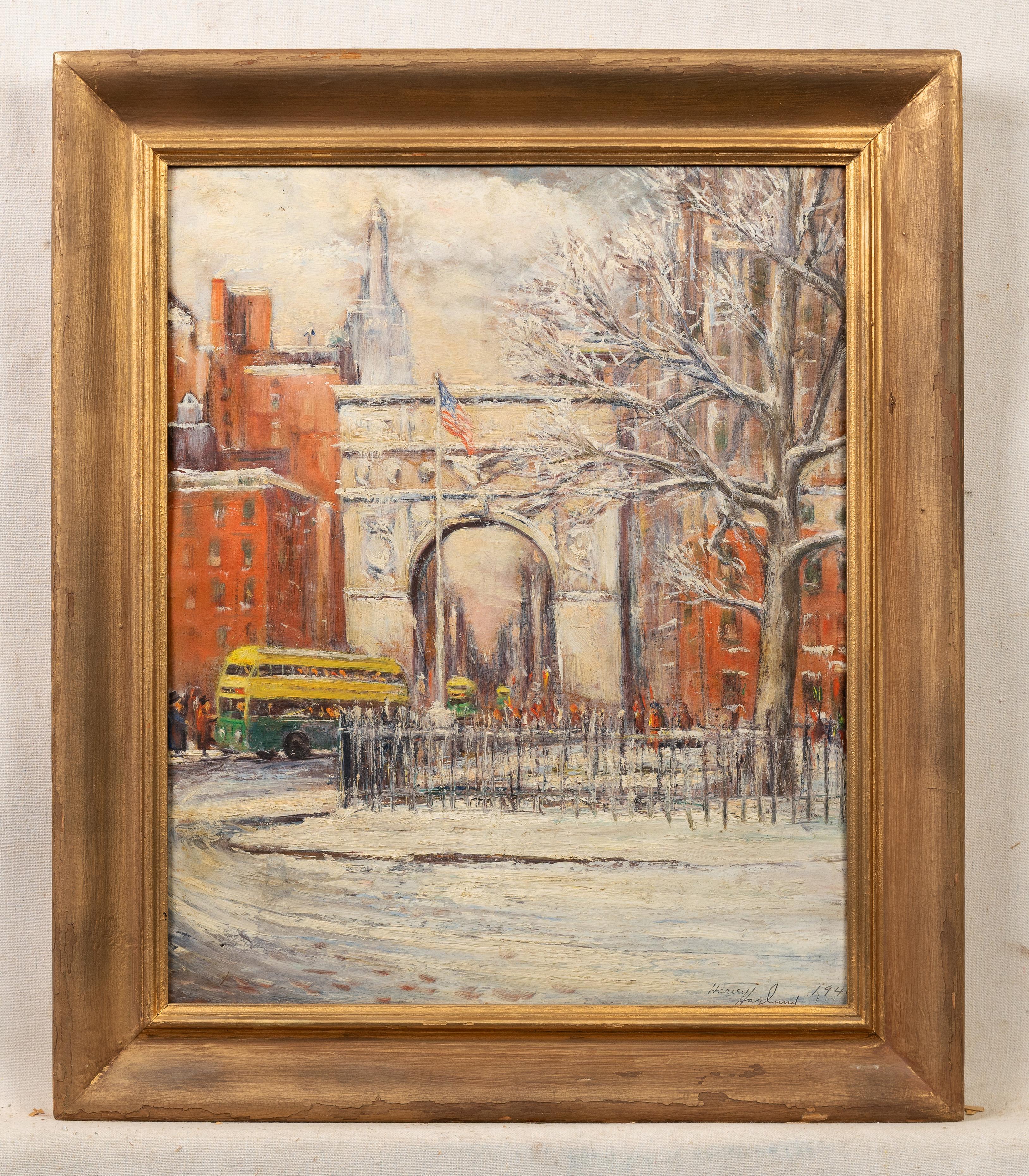 Antique American School WPA Washington Square Park New York City Oil Painting For Sale 1