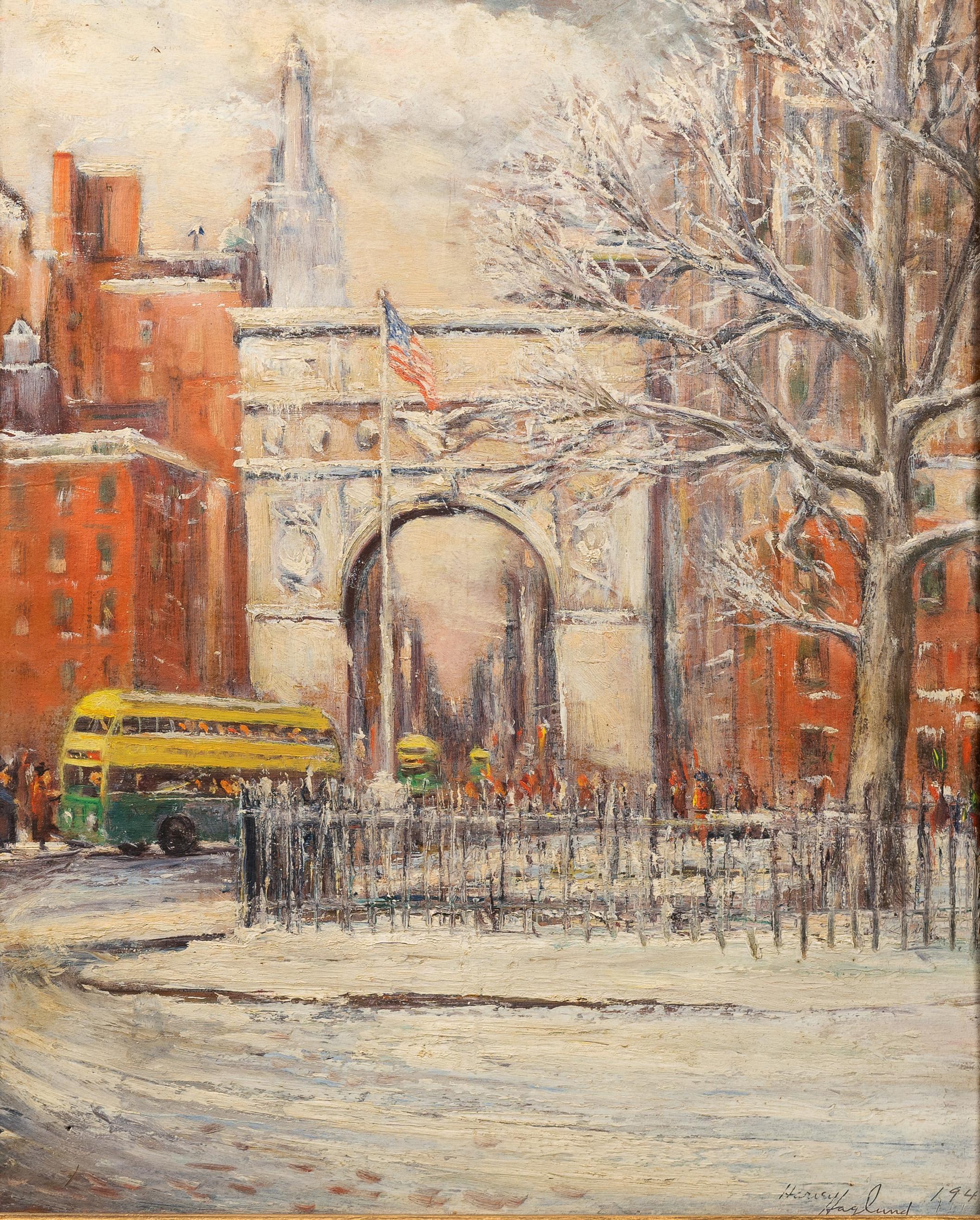 Antique American School WPA Washington Square Park New York City Oil Painting For Sale 2