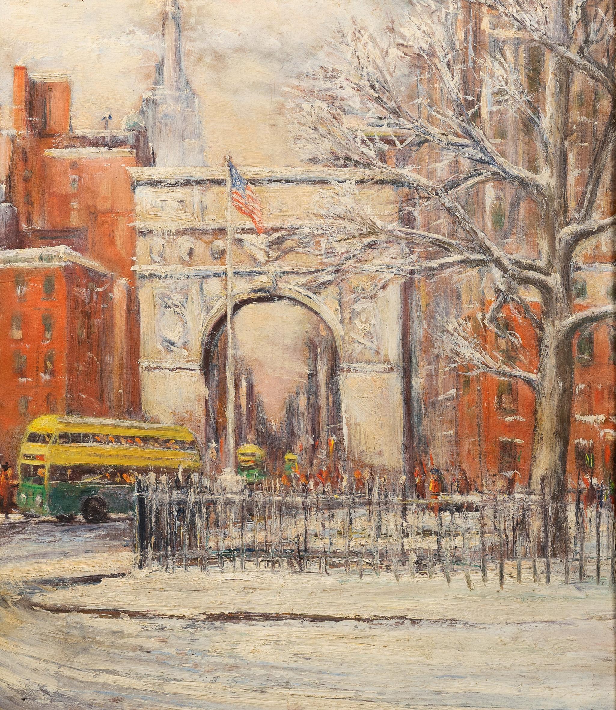 Antike amerikanische impressionistische Szene aus New York City.  Ein Blick auf den Washington Square Park.  Signiert und datiert unten rechts.  Schön gerahmt.  Öl auf Leinwand.  Bildgröße: 16L x 20H.