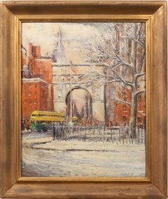 Antique American School WPA Washington Square Park New York City Oil Painting