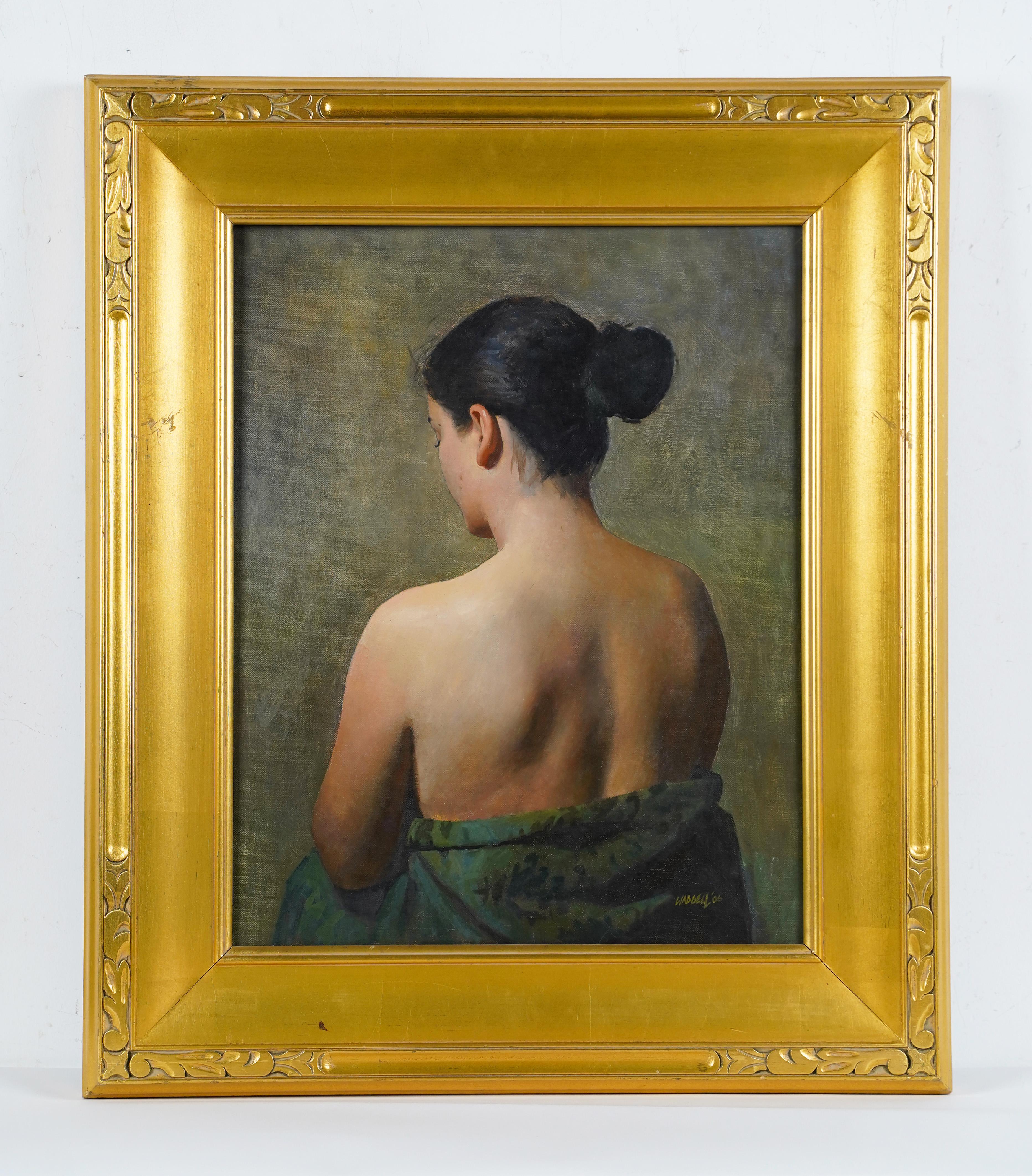 Peinture à l'huile ancienne de portrait de jeune femme de l'école américaine, finement peinte et signée - Impressionnisme Painting par Unknown