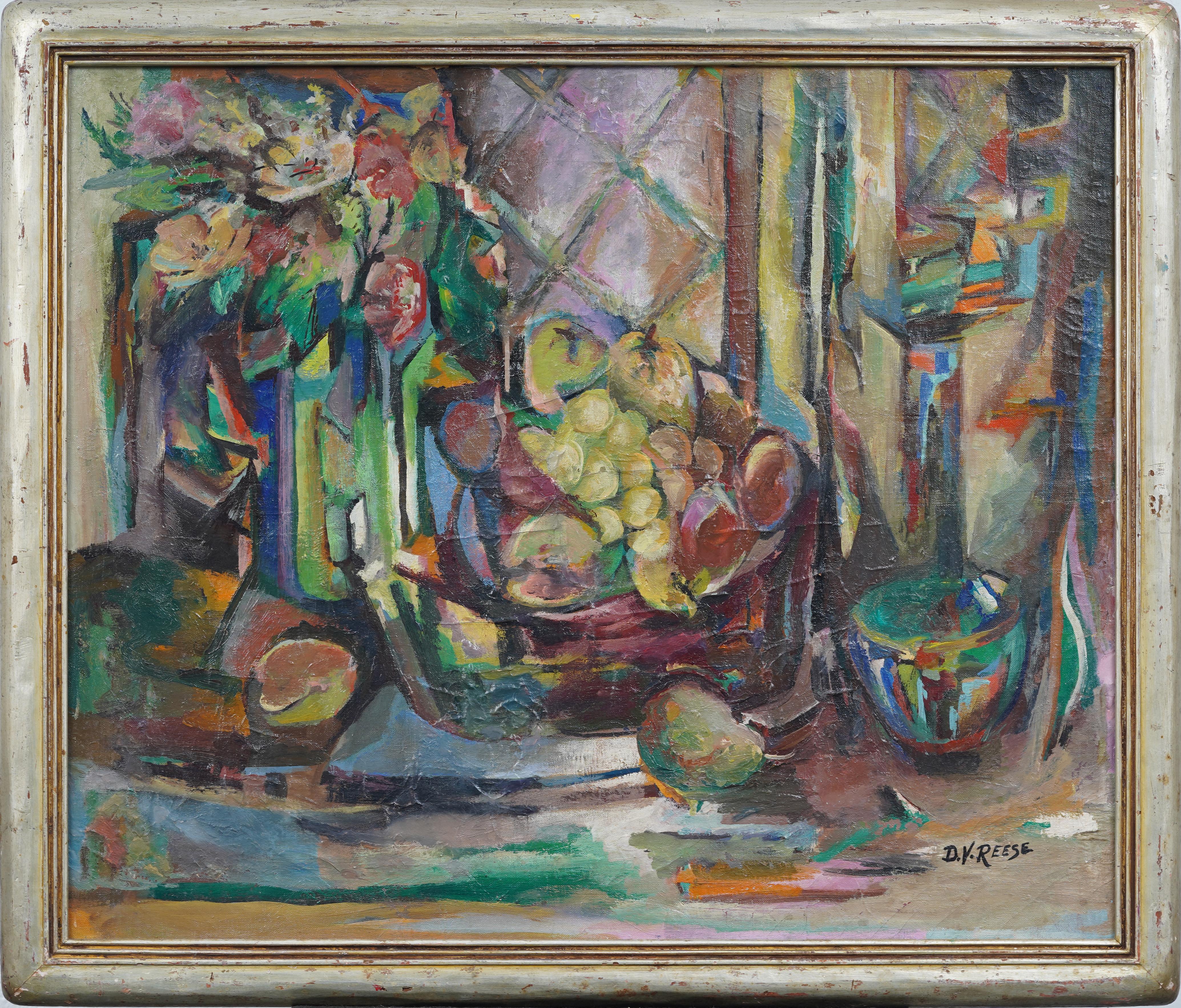 Antique American modernist flower still life painting.  Oil on canvas.  Signed. In excellent original condition.  Handsomely framed in a period  silver leaf molding.  Excellent condition, ready to hang and enjoy. 