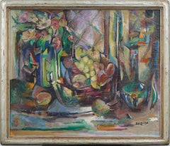 Antiquity American Signed Cubist Still Life Silver Frame Modernist Oil Painting (peinture à l'huile cubiste signée)
