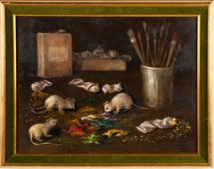 Antique American Signed Genre Oil Painting Mice Playing Artist Studio Original