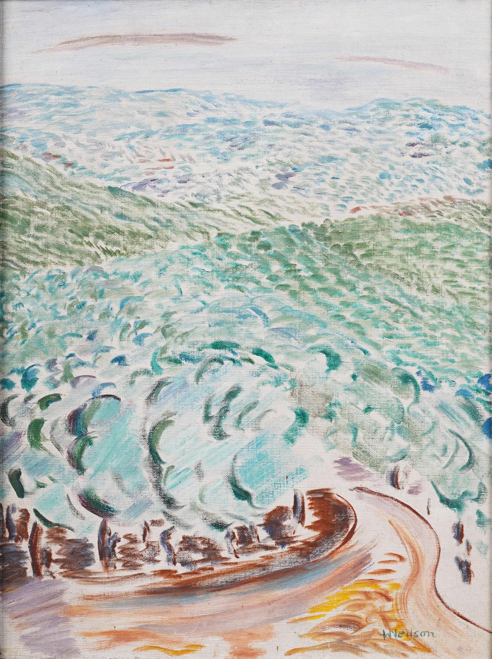 Antico paesaggio puntinista americano firmato, dipinto a olio originale incorniciato - Painting Impressionismo di Unknown