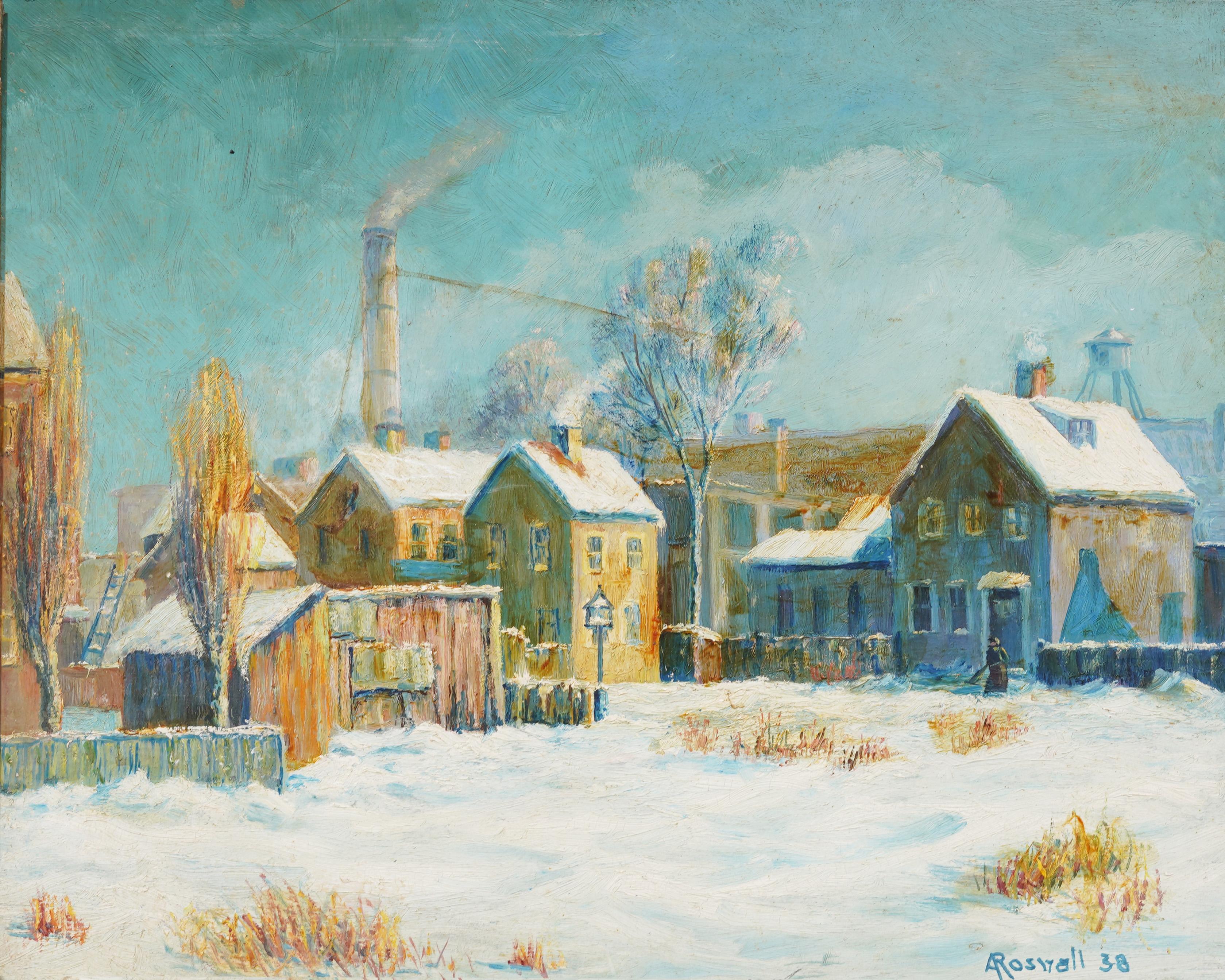 Antique American Signed Winter Impressionist  Roxbury Boston Town Oil Painting - Gray Landscape Painting by Unknown