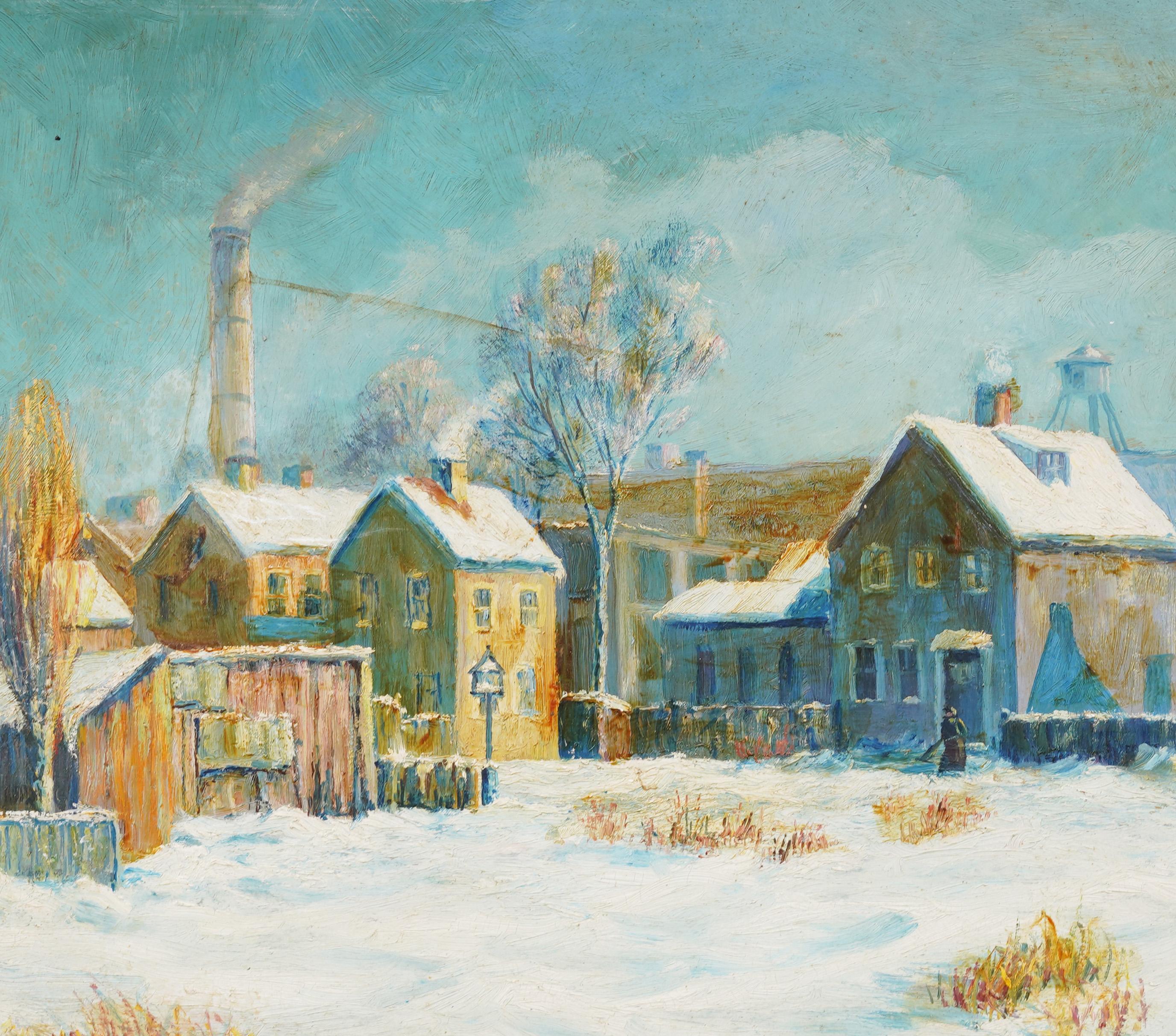Antique American impressionist winter cityscape oil painting. Oil on board. Signed. Framed. Measuring 20 by 24 inches overall and 16 by 20 painting alone.  In excellent original condition.  Handsomely framed in a gold giltwood molding.  Excellent