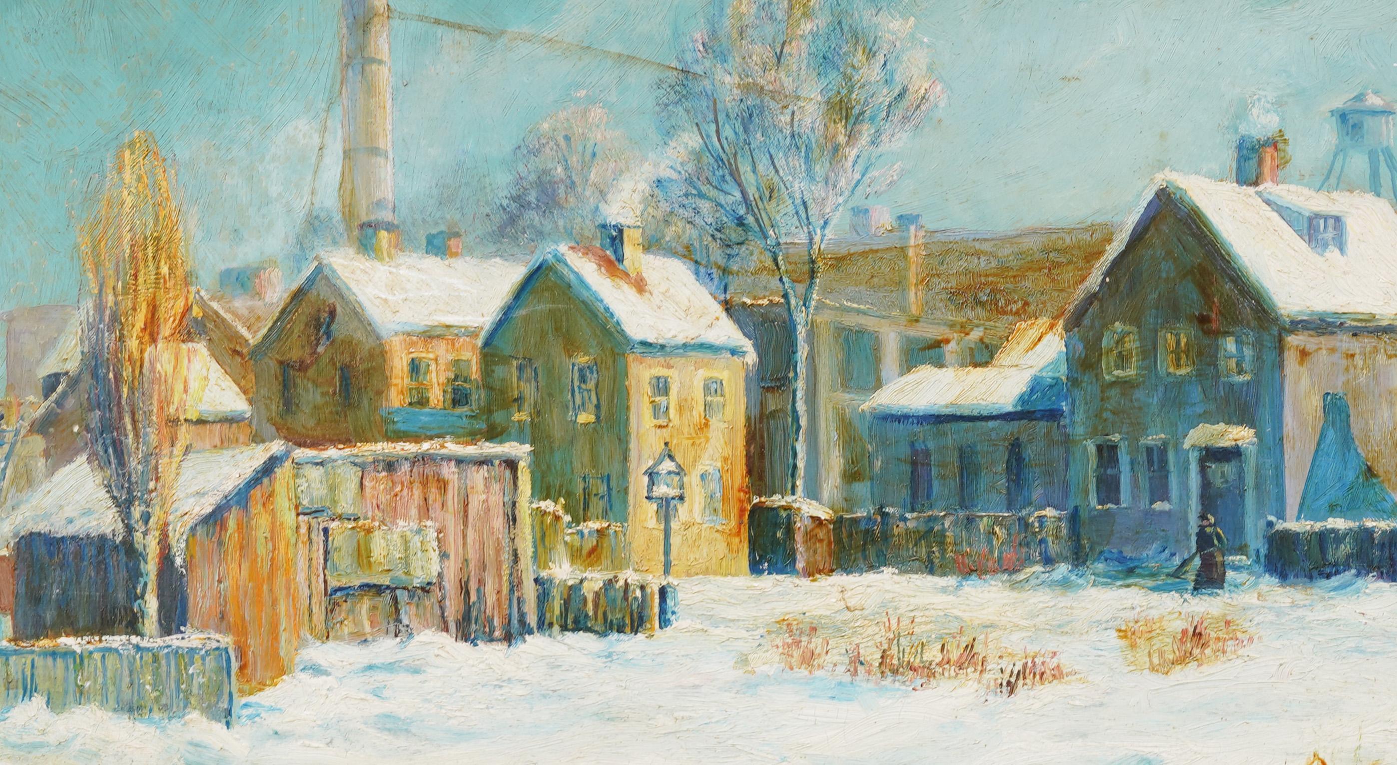 Antique American Signed Winter Impressionist  Roxbury Boston Town Oil Painting For Sale 2