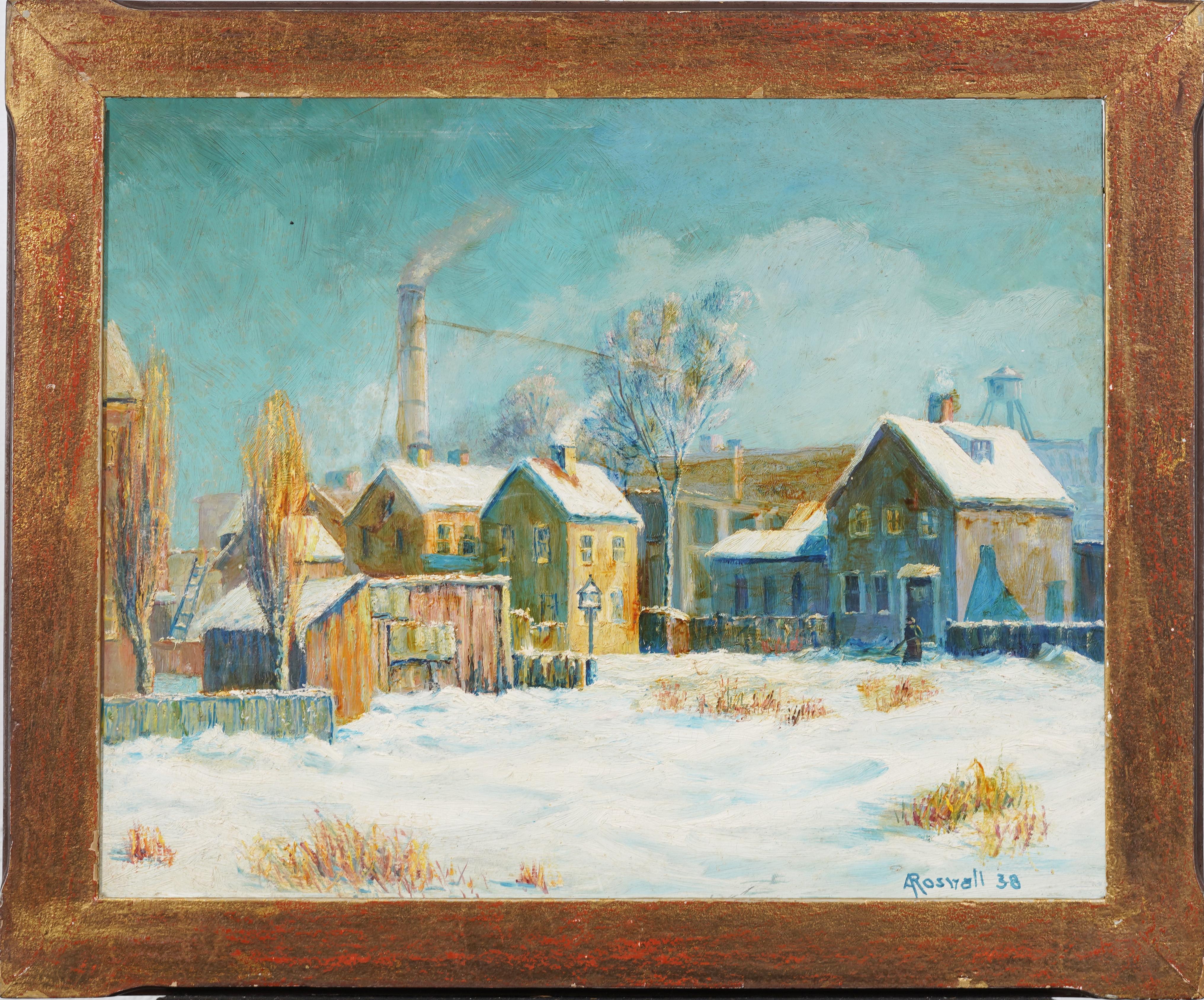 Unknown Landscape Painting - Antique American Signed Winter Impressionist  Roxbury Boston Town Oil Painting