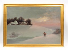 Antique American Snowscape Sunset Mother Child Oil Painting Rare Framed 19th C