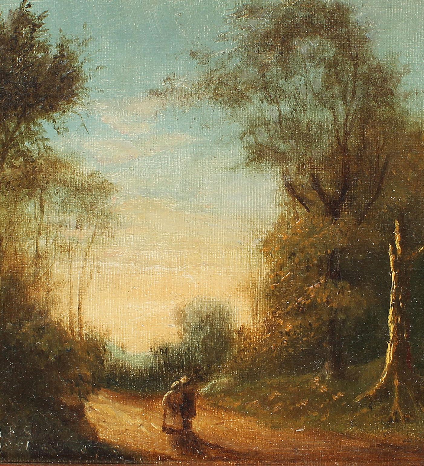 Antique American Southern School Black Figures Monogrammed Sunset Oil Painting - Brown Landscape Painting by Unknown