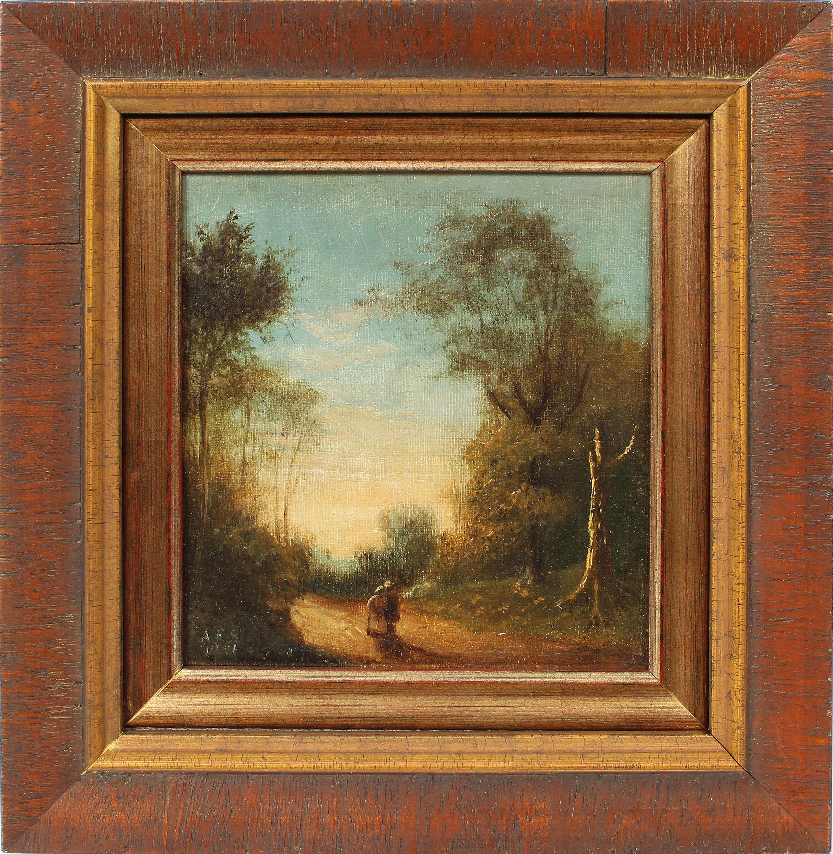 Unknown Landscape Painting - Antique American Southern School Black Figures Monogrammed Sunset Oil Painting