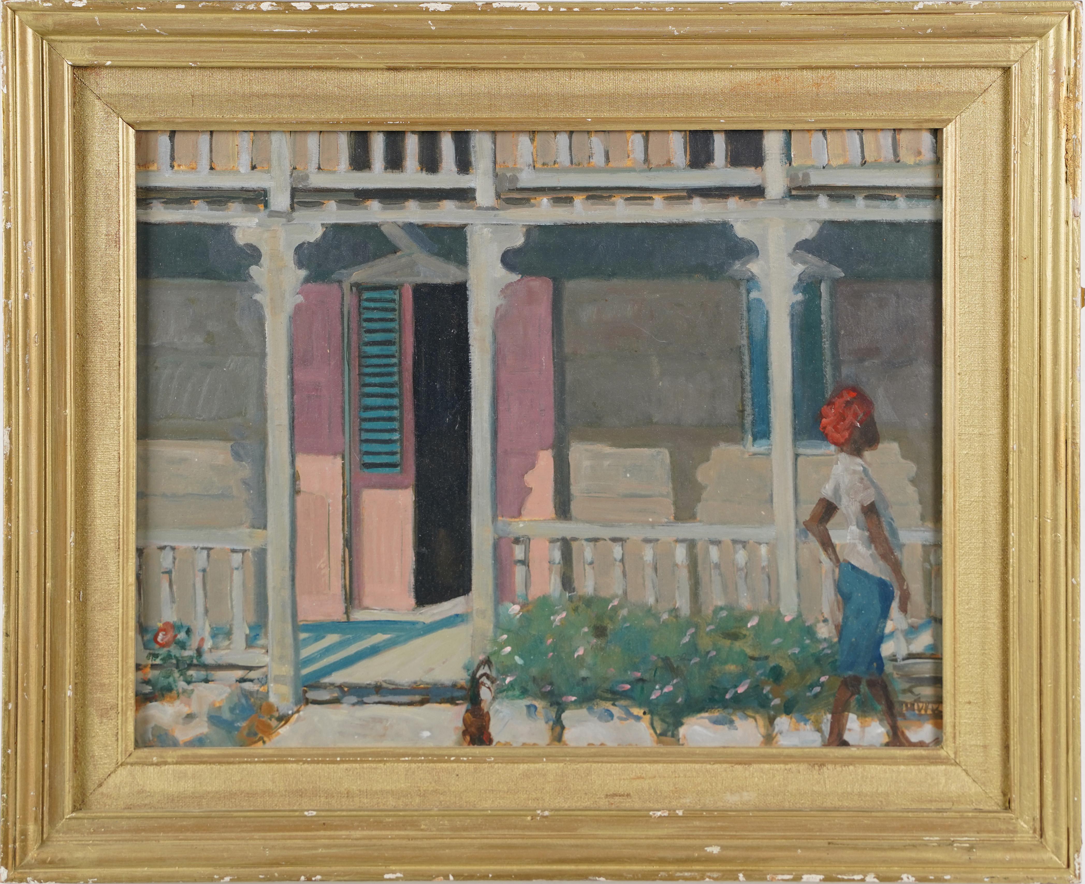 Antico dipinto ad olio di scuola americana del sud: donna nera che cammina - Painting di Unknown