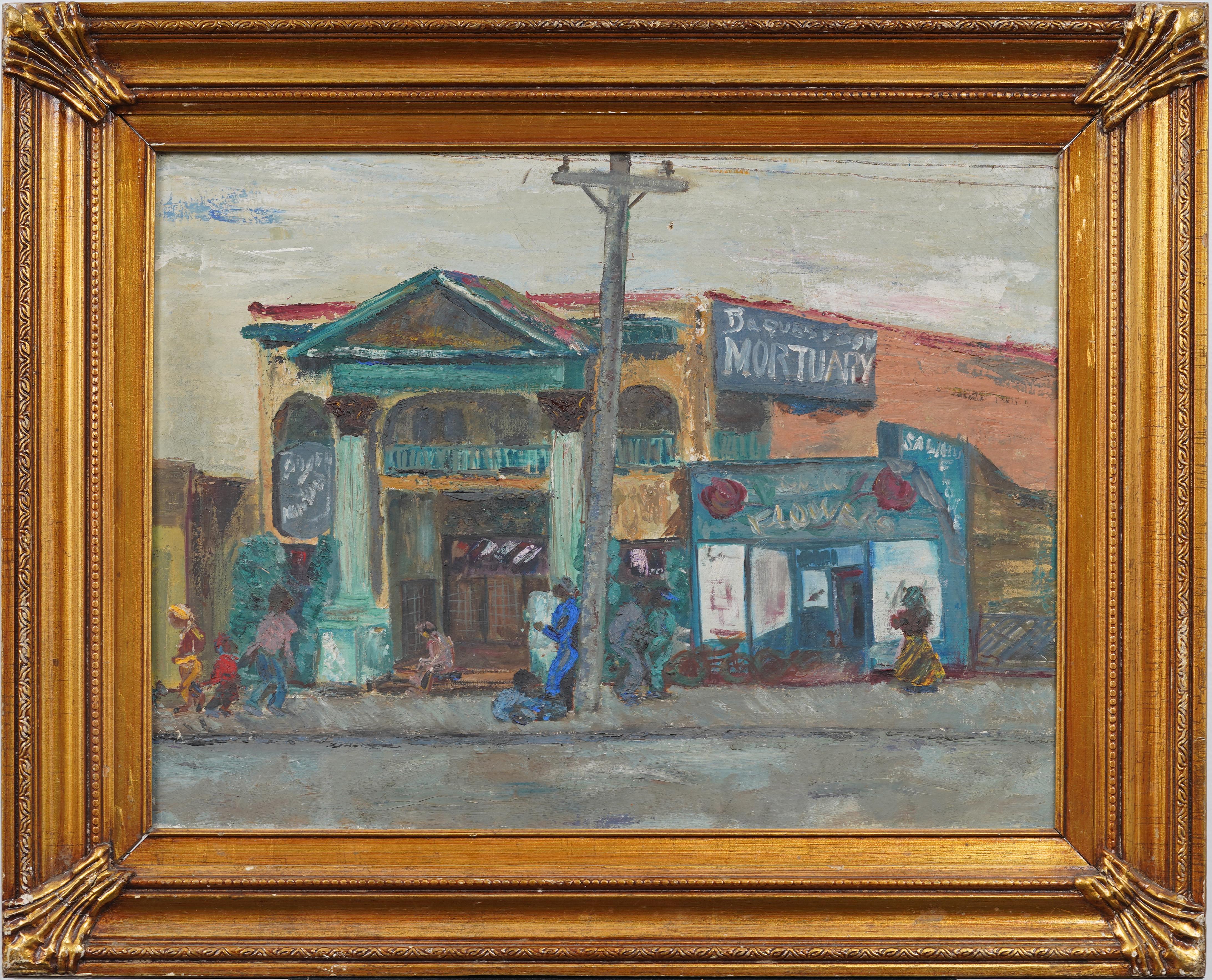 Antique American Southern School Macabre Street Scene Mortuary Framed Painting - Brown Abstract Painting by Unknown
