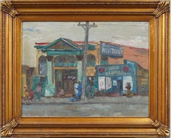 Antique American Southern School Macabre Street Scene Mortuary Framed Painting