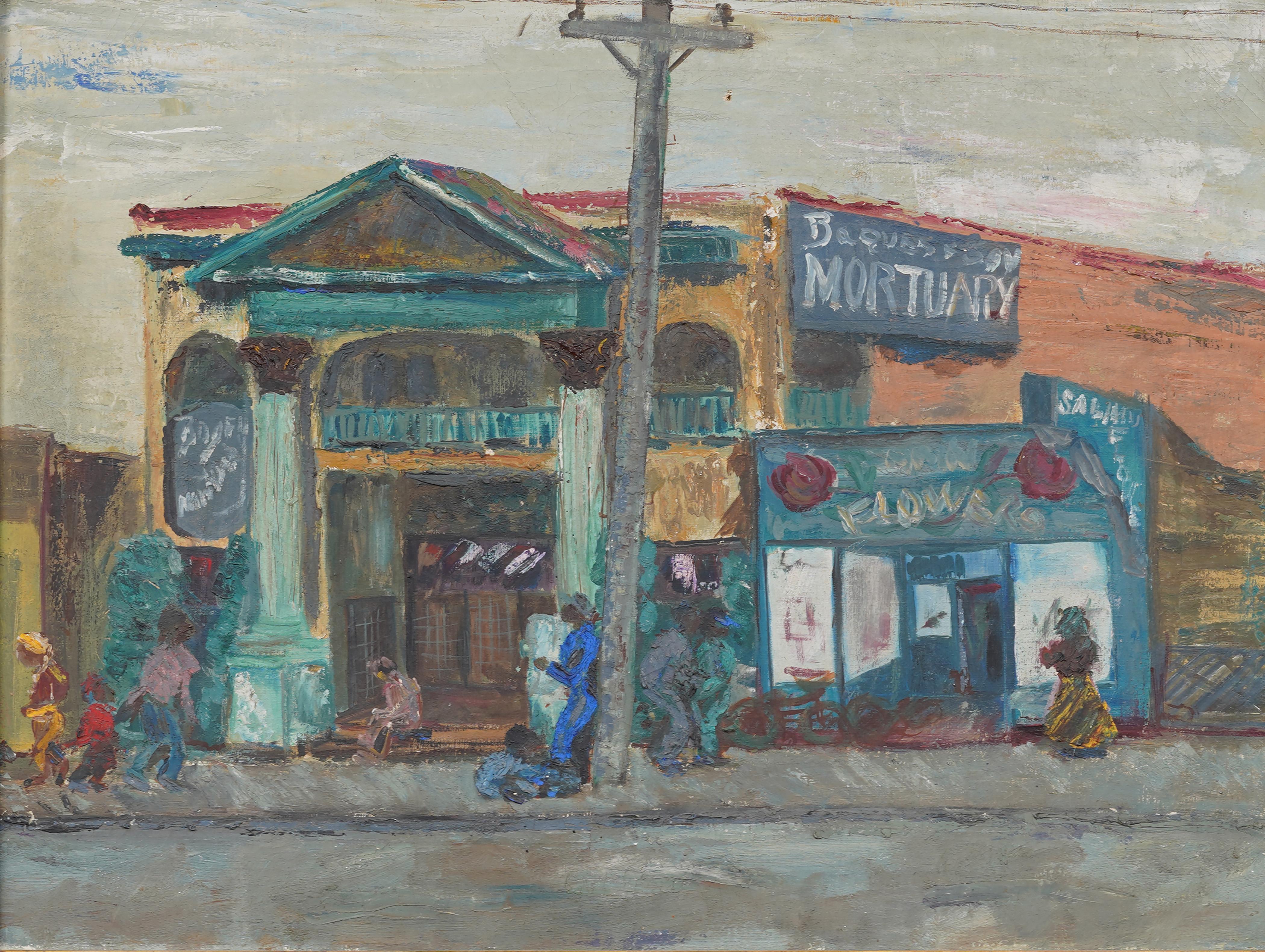 Impressive early American modernist  street scene.  Reminiscent of New Orleans or another souther city.  A bustling street scene.  Nicely framed.  No signature found.  Image size, 24L x 18H.