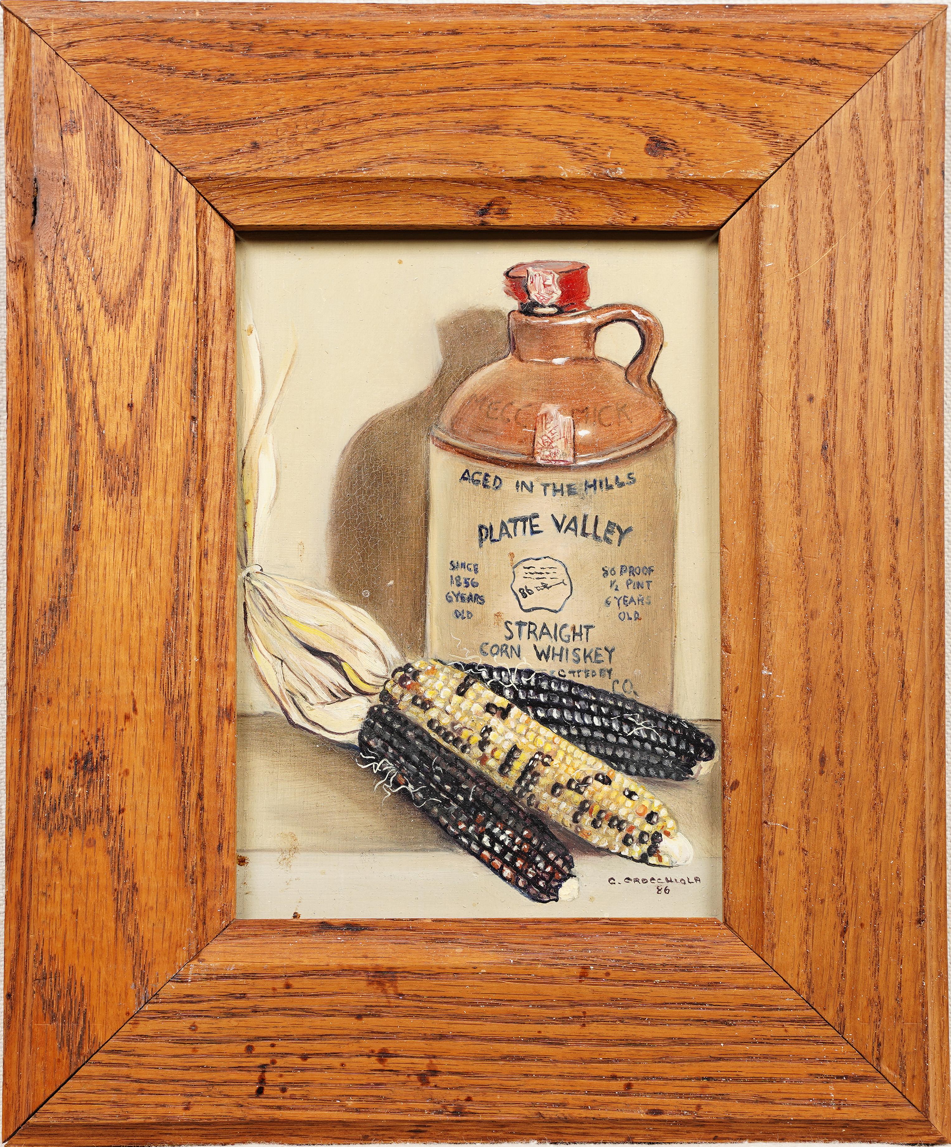 Antique American realist still life of corn and a bottle of corn whiskey.  Oil on board.  Signed.  Framed.  Image size, 5L x 7H.