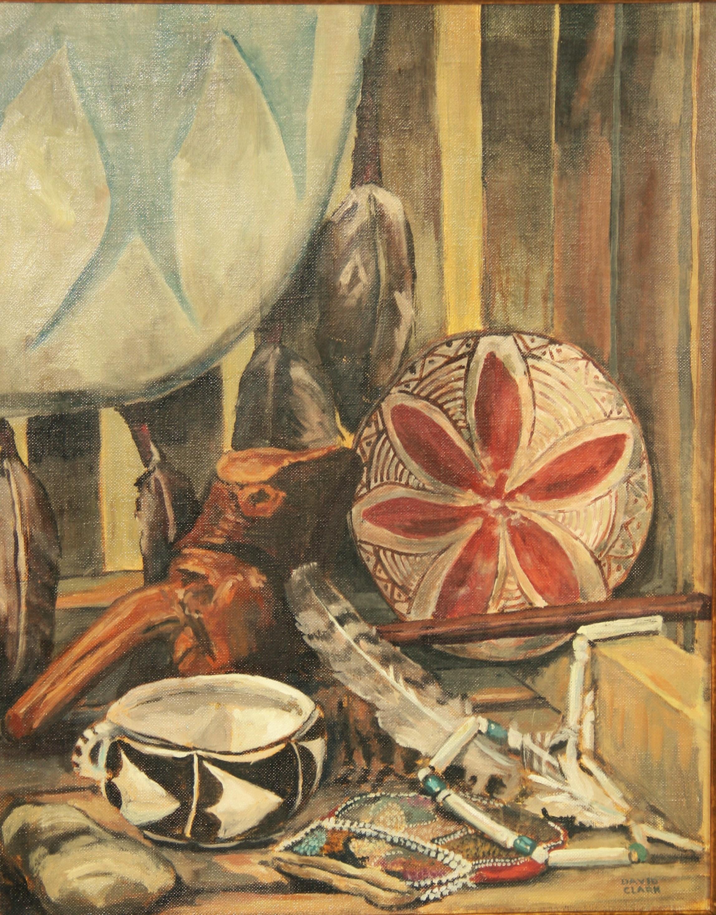 Peinture à l'huile ancienne du Sud-Ouest américain avec artefacts 1940 - Marron Still-Life Painting par Unknown