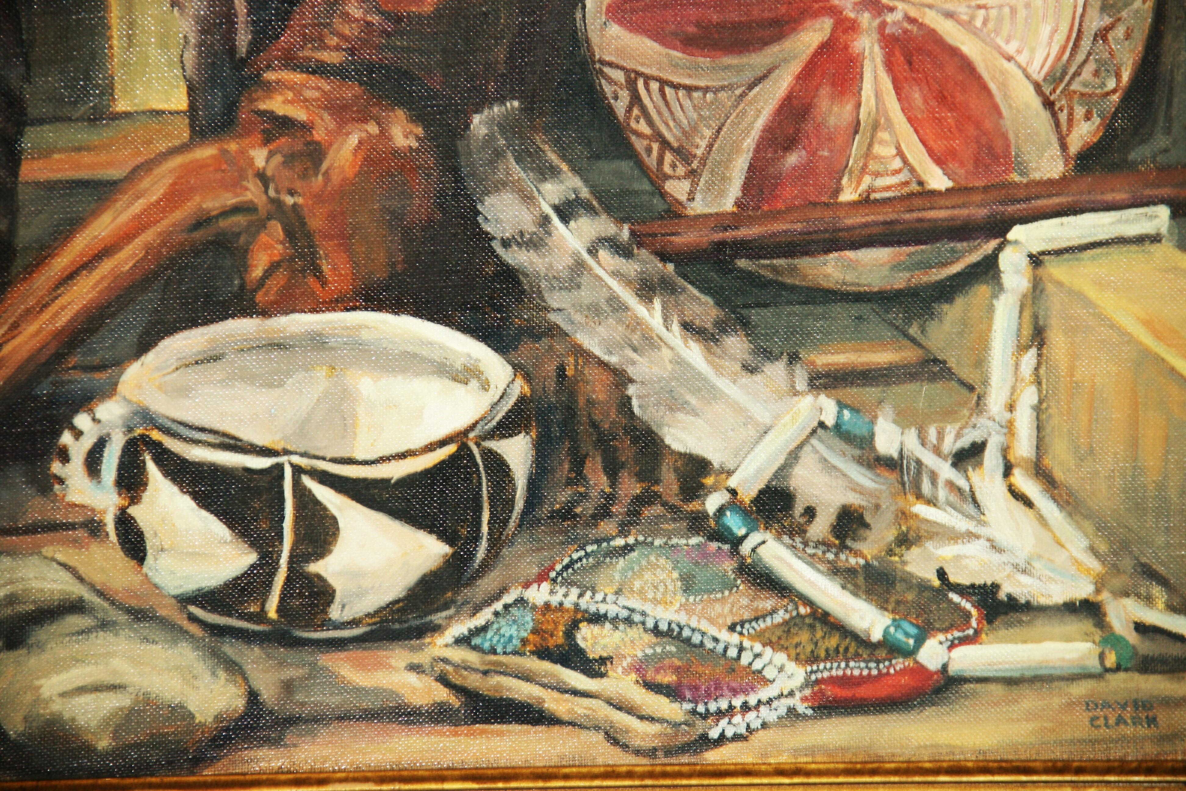5016 Peinture à l'huile ancienne du Sud-Ouest américain représentant des artefacts indiens.
Taille de l'image 15.5x19.5