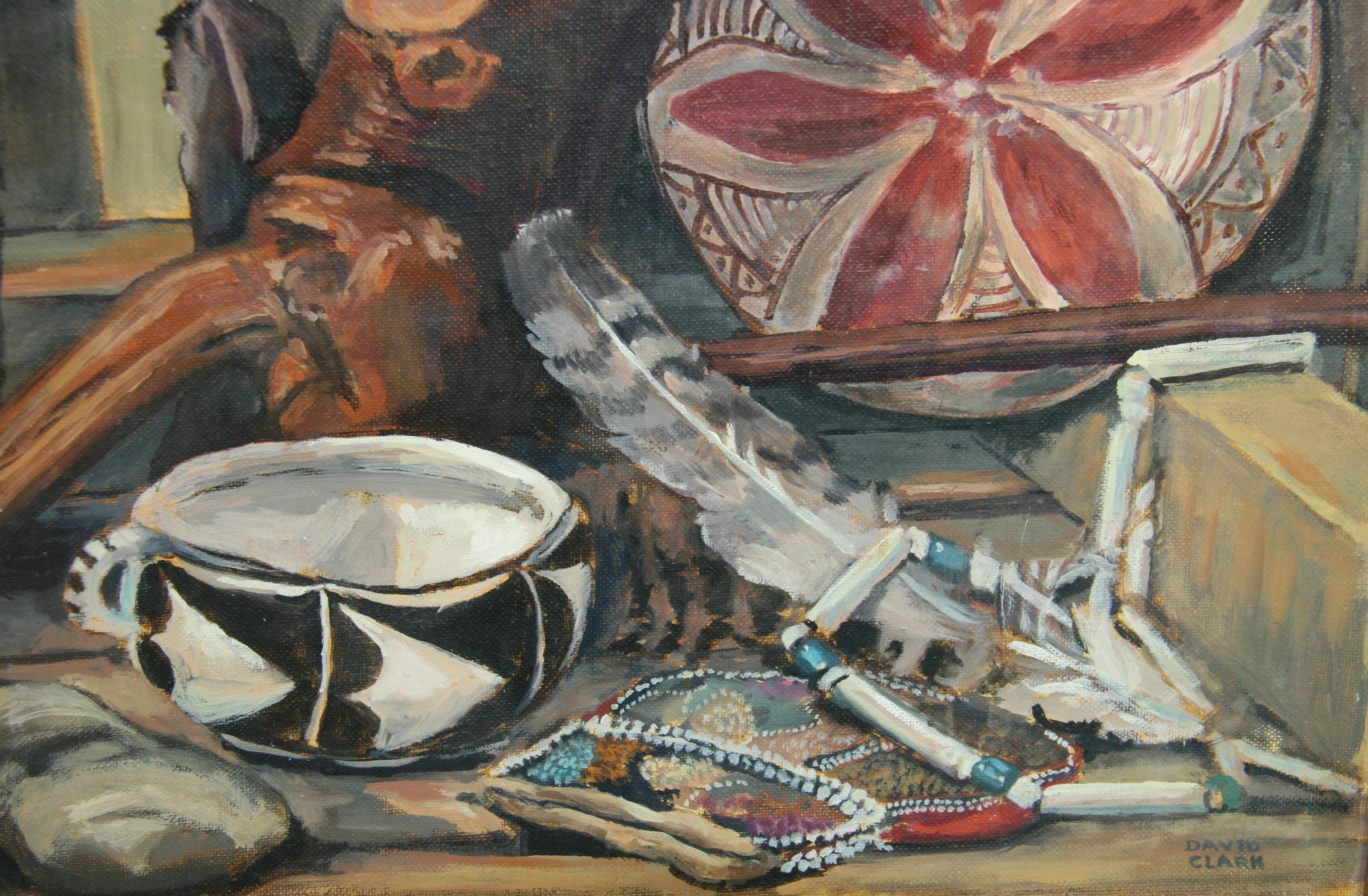 Peinture à l'huile ancienne du Sud-Ouest américain avec artefacts 1940 en vente 4