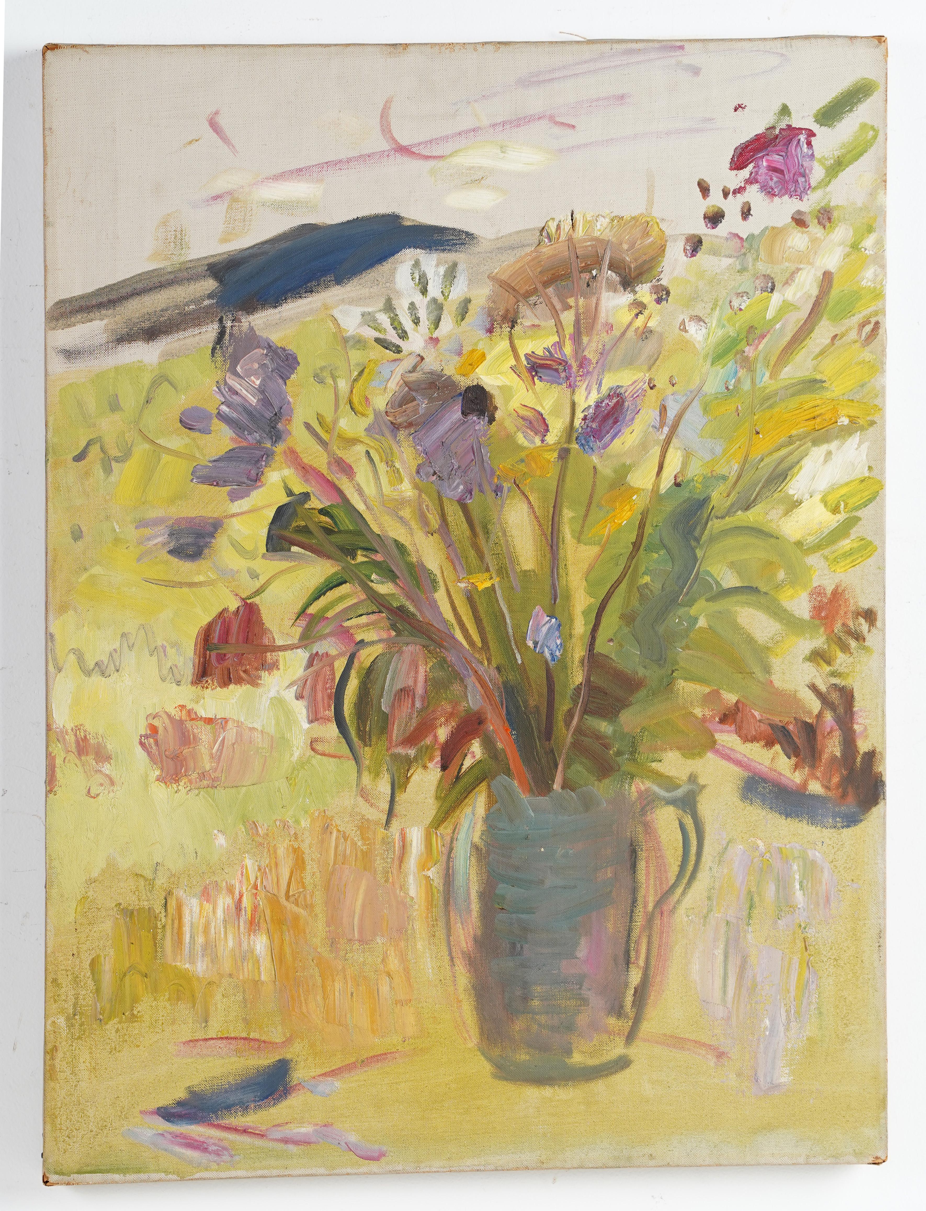 Antikes amerikanisches Sparse Modernes expressionistisches Blumenstillleben Ölgemälde (Braun), Still-Life Painting, von Unknown