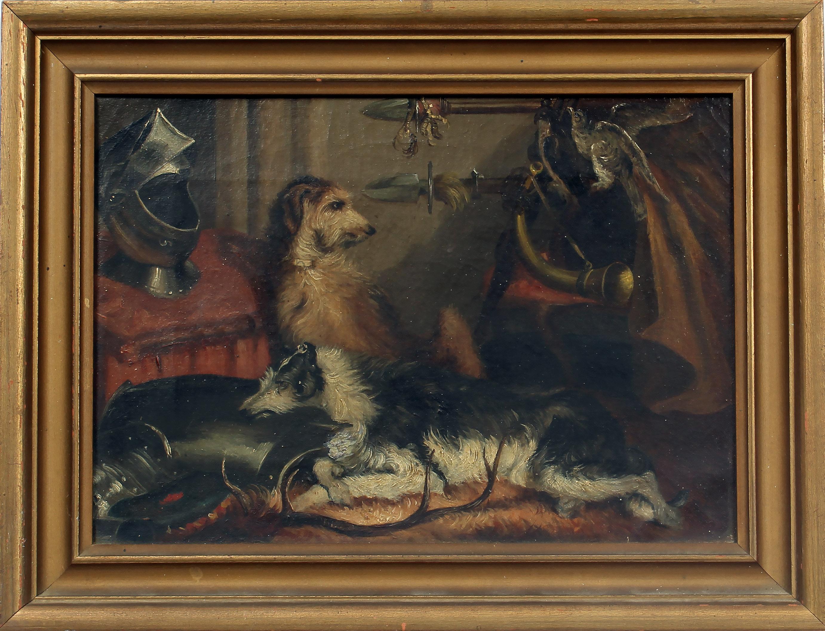 Unknown Interior Painting - Antique American Sporting Oil Painting Hunting Hounds Armor Silver Interior 