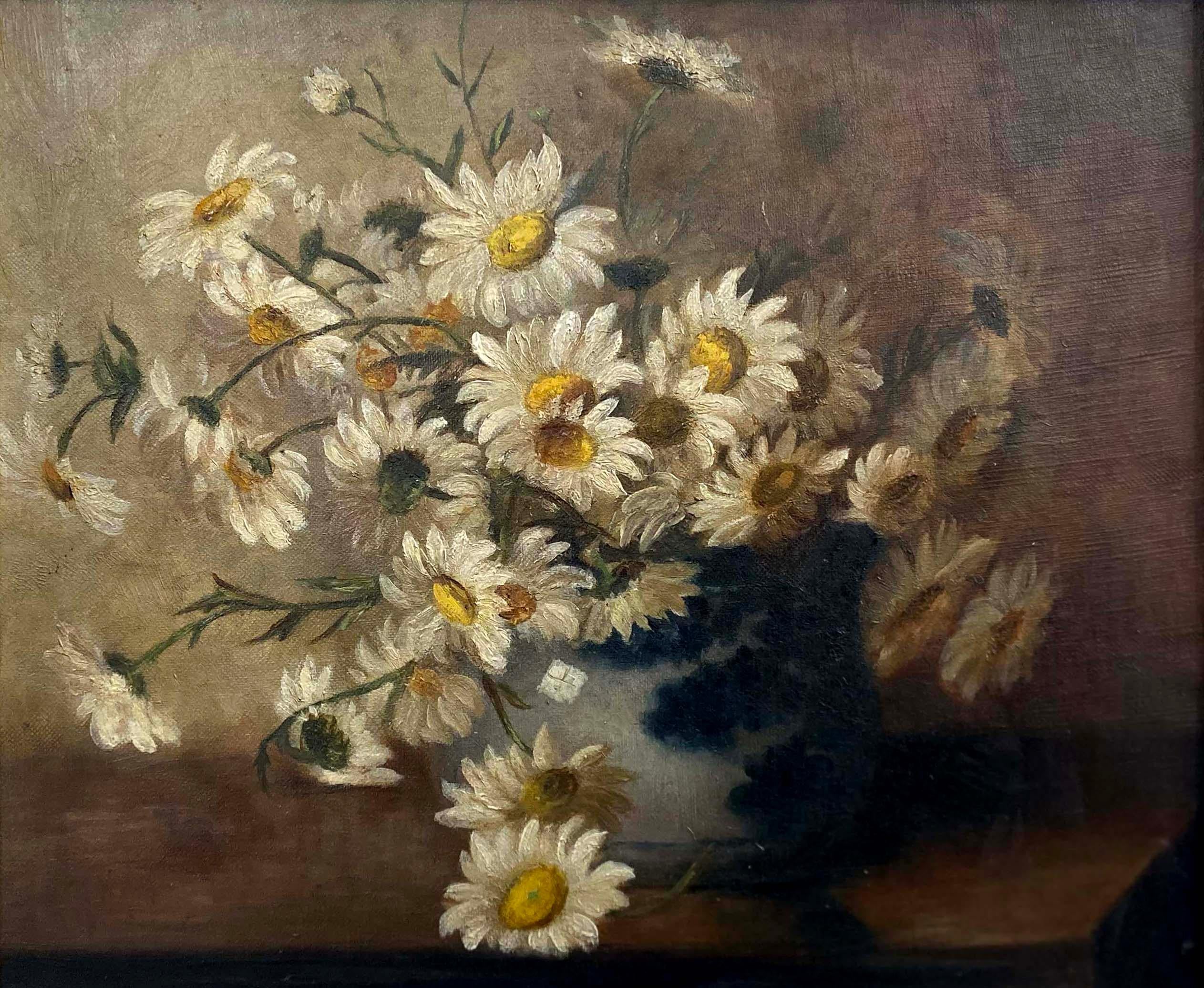 Antique American still life oil painting daisies Japanese vase gold frame - Painting by Unknown