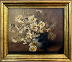 Antique American still life oil painting daisies Japanese vase gold frame