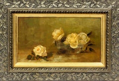 Antique American Still Life Oil Painting Yellow Roses Bowl Frame Gold Silver