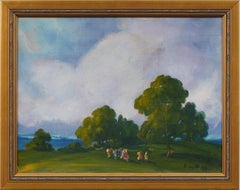 Antique American Summer Impressionist Gold Giltwood Framed Landscape Painting