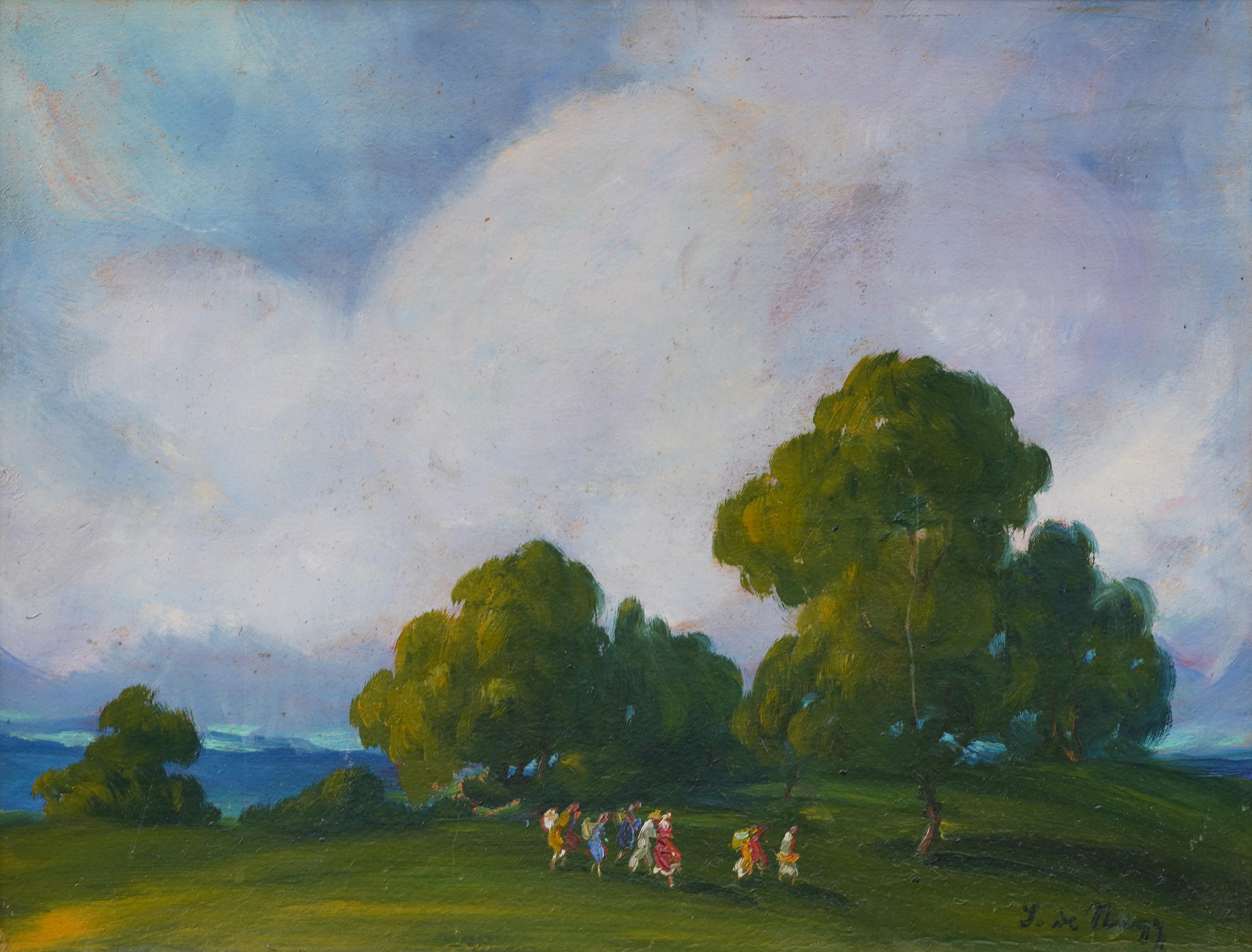 Antiguo cuadro de paisaje americano impresionista de verano enmarcado en madera dorada - Painting Impresionista de Unknown