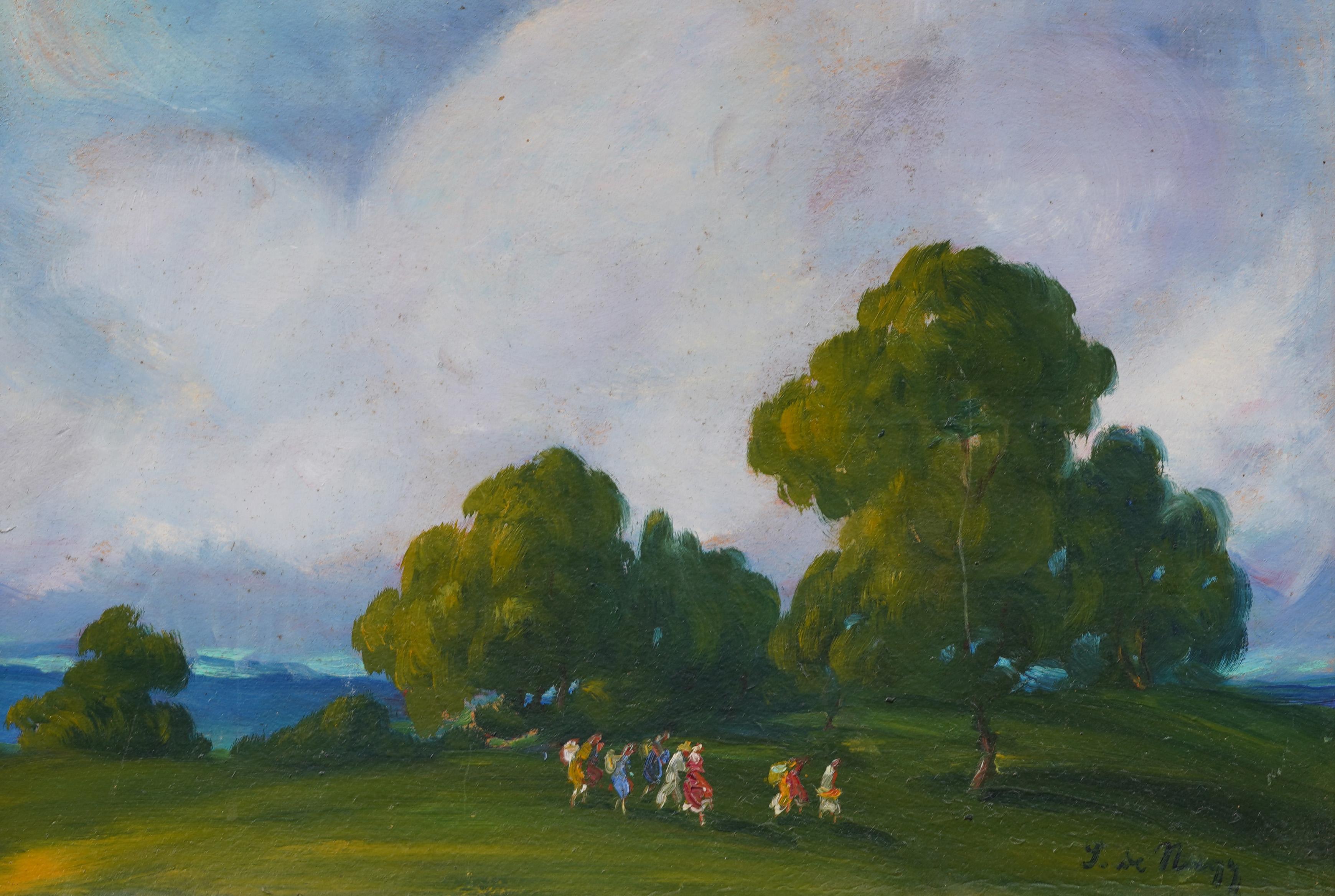 Antiguo cuadro de paisaje americano impresionista de verano enmarcado en madera dorada - Abstract Painting Gris de Unknown