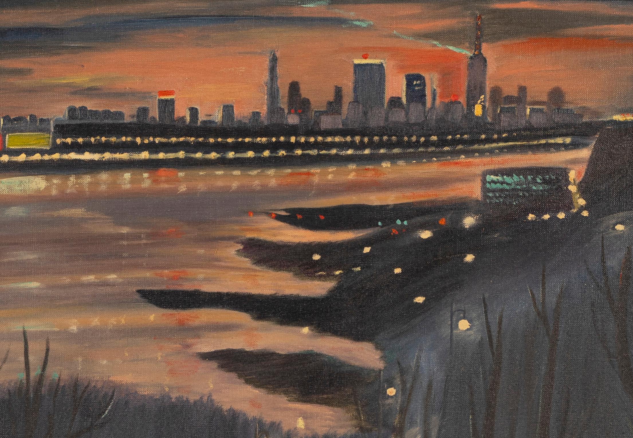 Antique American Sunset Cityscape Signed Landscape River Nocturnal Oil Painting - Brown Abstract Painting by Unknown