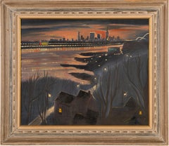 Antique American Sunset Cityscape Signed Landscape River Nocturnal Oil Painting