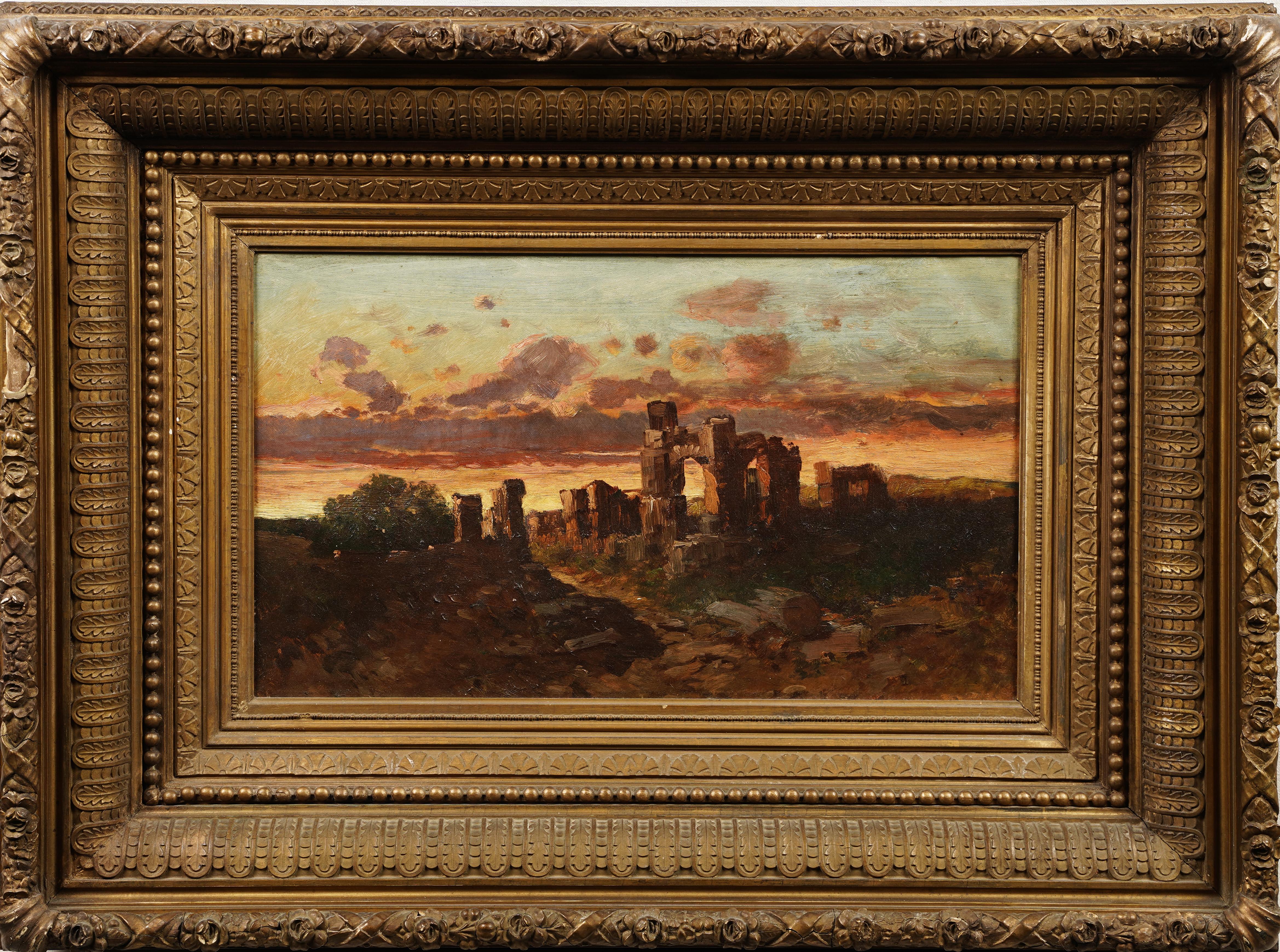 Antike amerikanische Sonnenuntergang-Landschaft Hudson River School gerahmtes Ölgemälde – Painting von Unknown