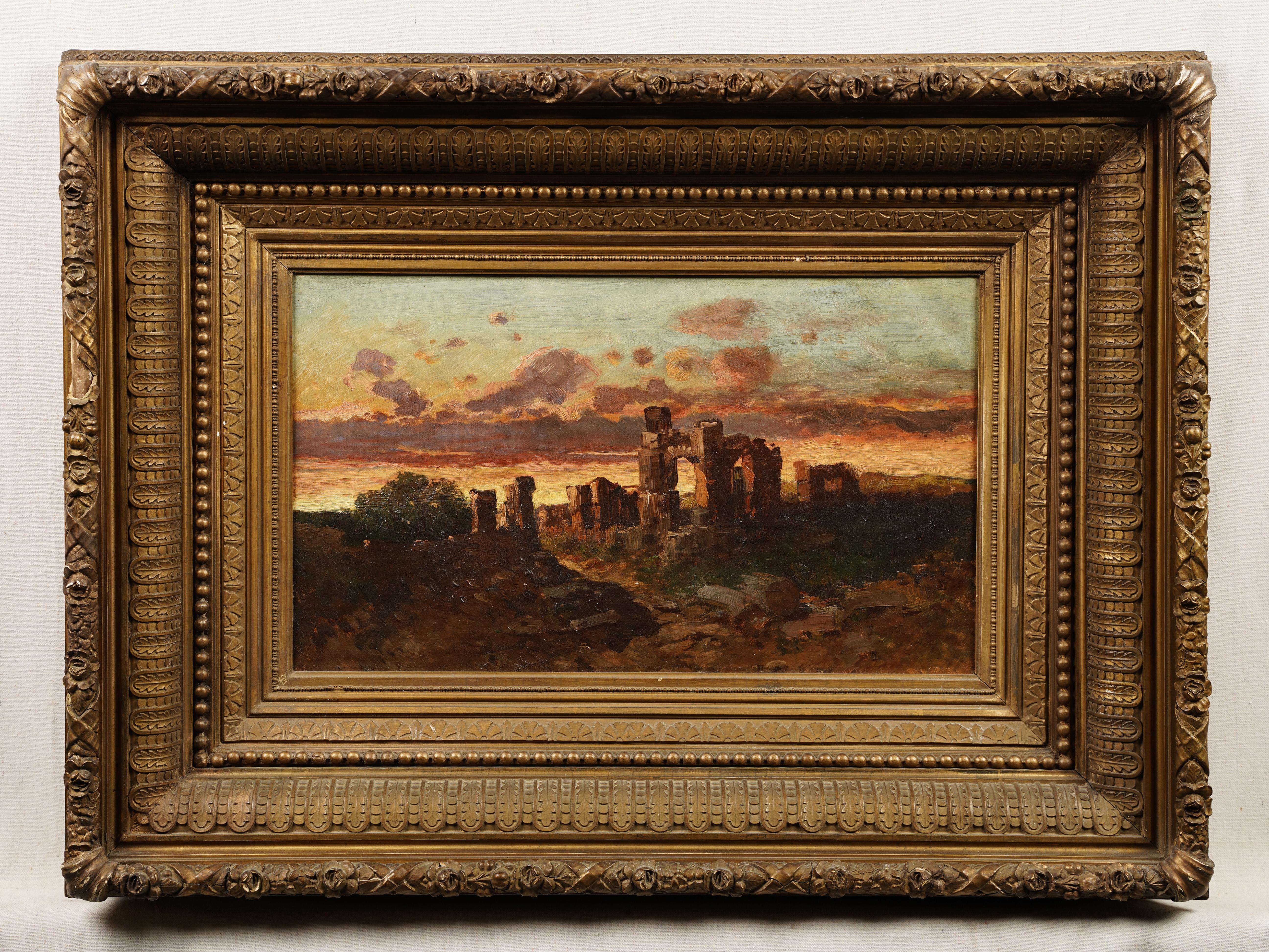 Antique American Sunset Landscape Hudson River School Framed Oil Painting For Sale 1