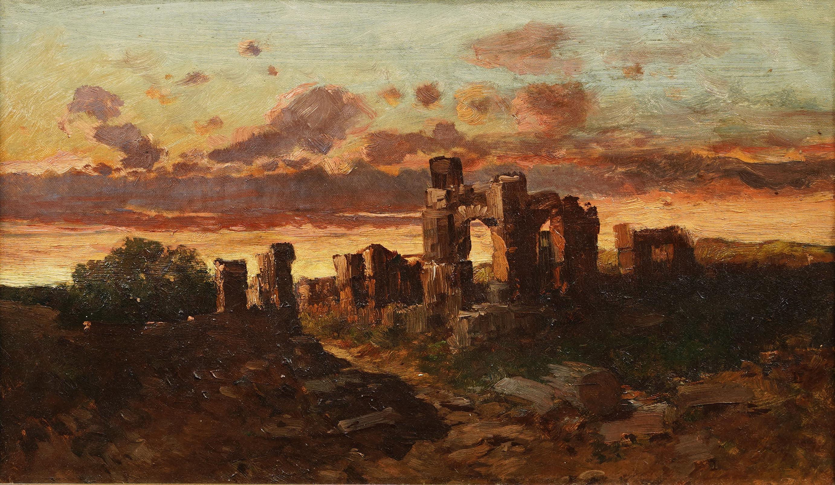 Antike amerikanische Sonnenuntergang-Landschaft Hudson River School gerahmtes Ölgemälde im Angebot 1