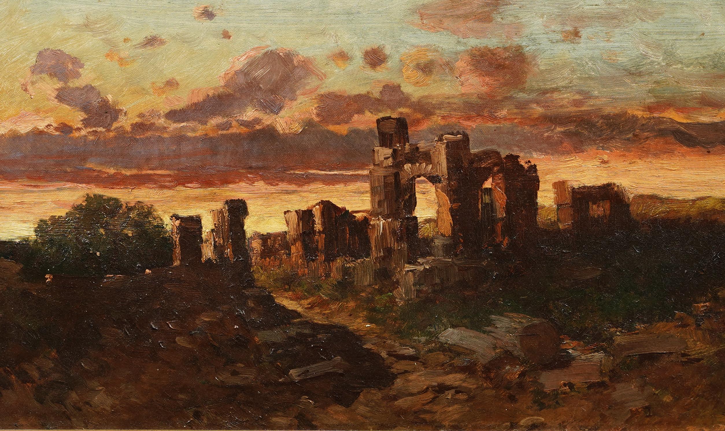 Antique American Sunset Landscape Hudson River School Framed Oil Painting For Sale 3