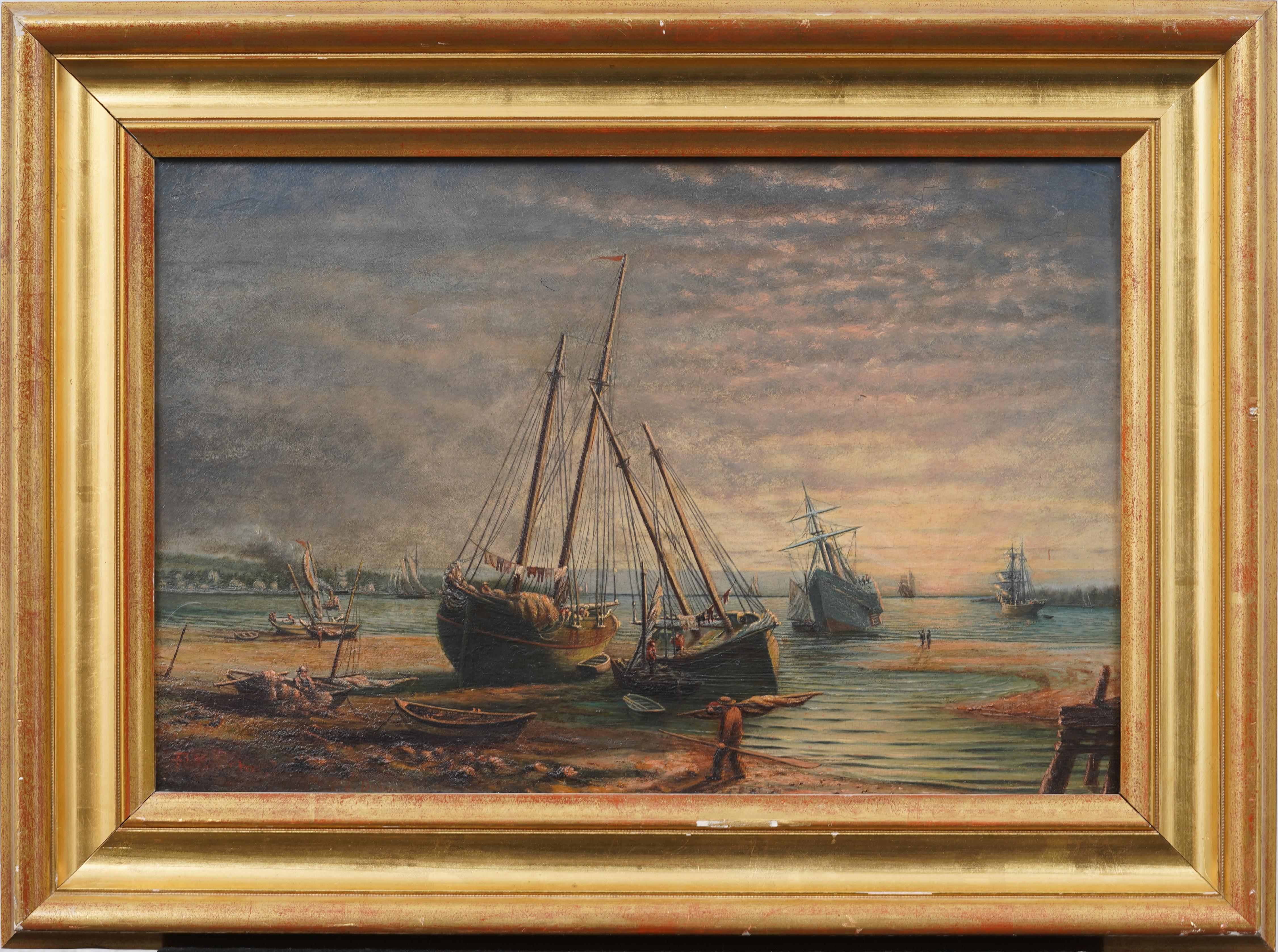 Antique American Sunset Seascape Giltwood Framed New England Harbor Oil Painting - Brown Landscape Painting by Unknown