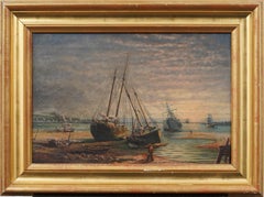 Antike amerikanische Sonnenuntergang Seelandschaft Giltwood gerahmt New England Harbor Ölgemälde
