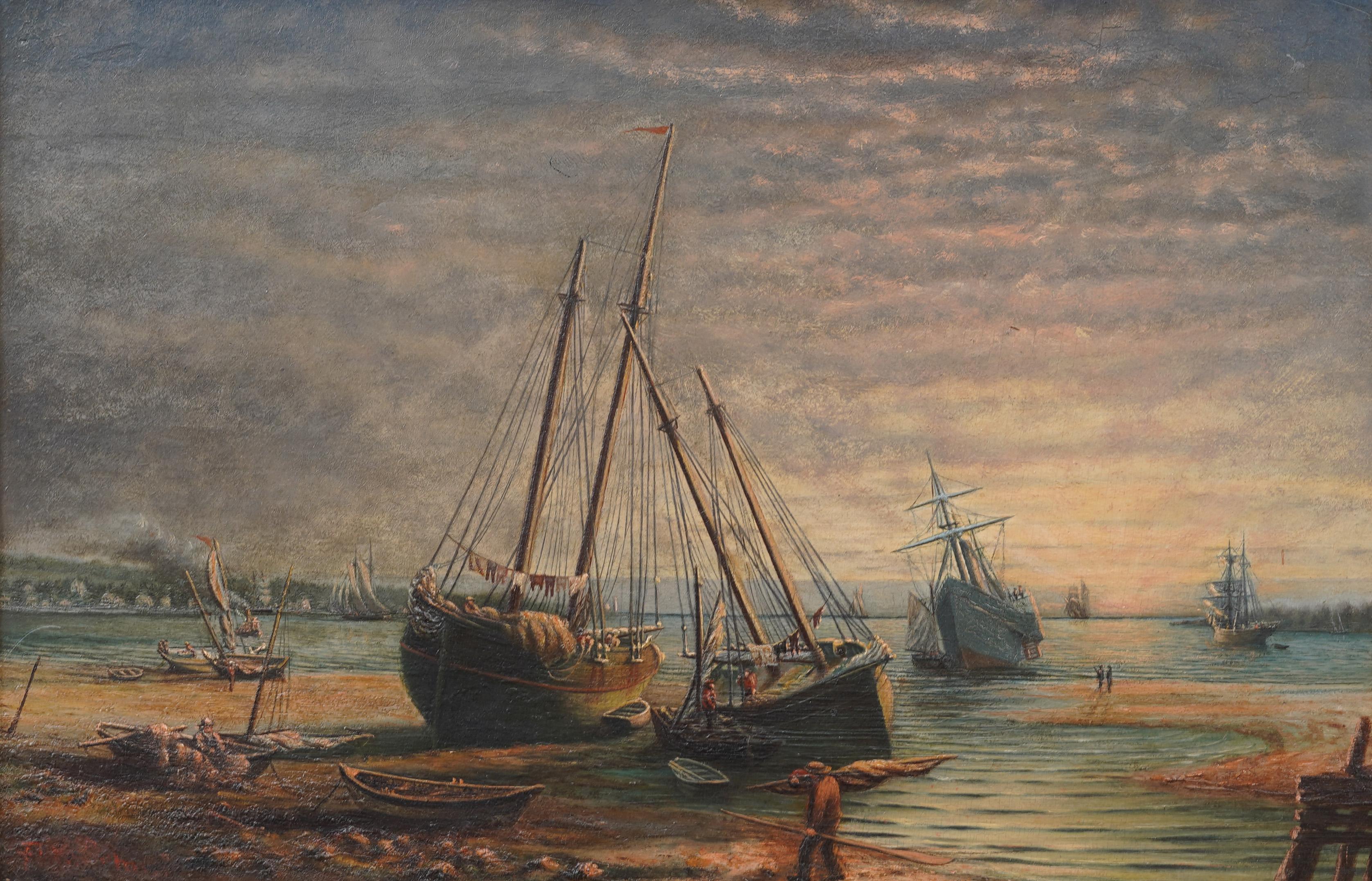 Antique American sunset seascape oil painting. Oil on board. Signed. Framed. Measuring: 18 by 24 inches overall, and 12.25 by 18 painting alone..  In excellent original condition. Handsomely framed in a  giltwood molding.  Excellent condition, ready