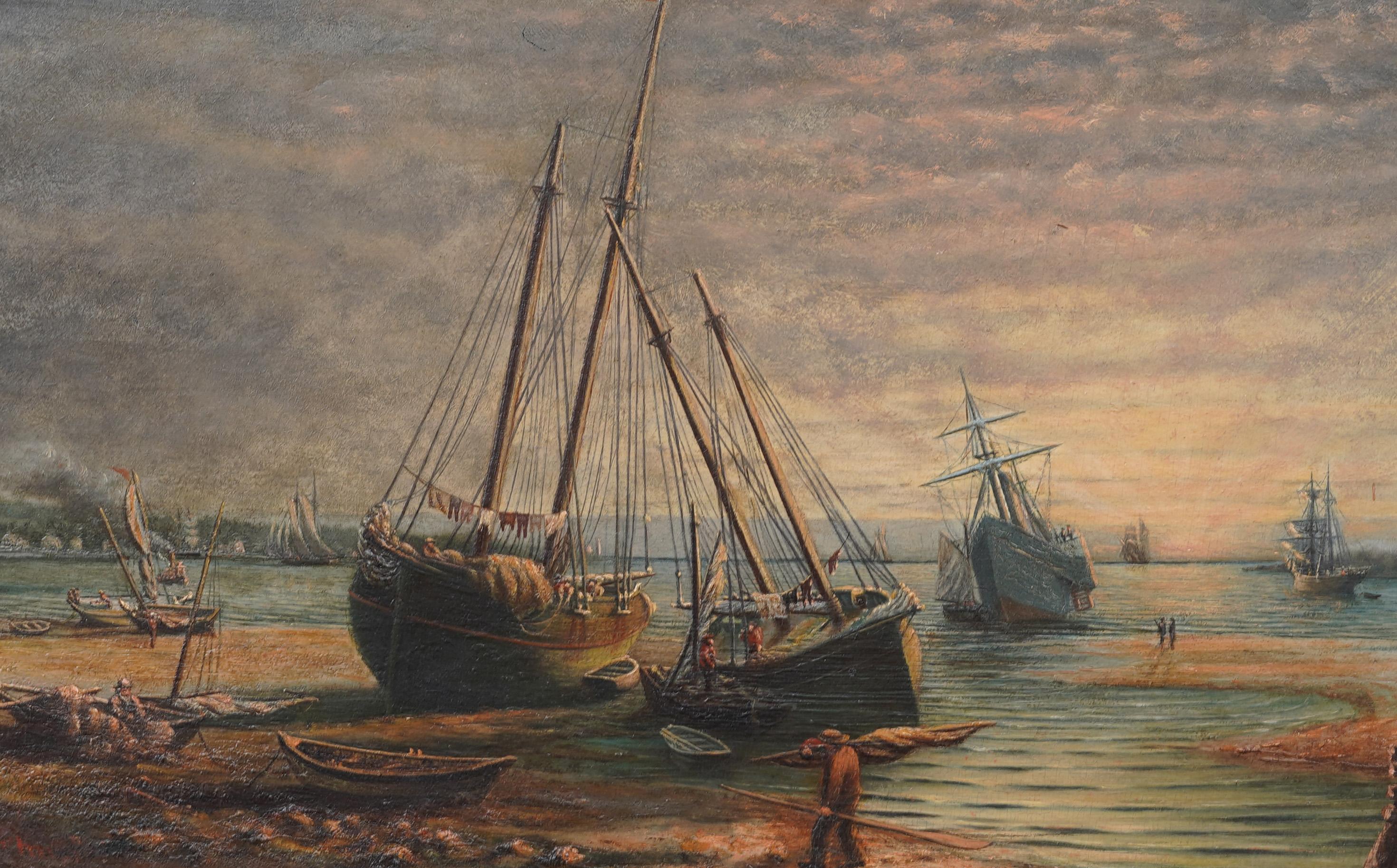 Antique American Sunset Seascape Giltwood Framed New England Harbor Oil Painting For Sale 2