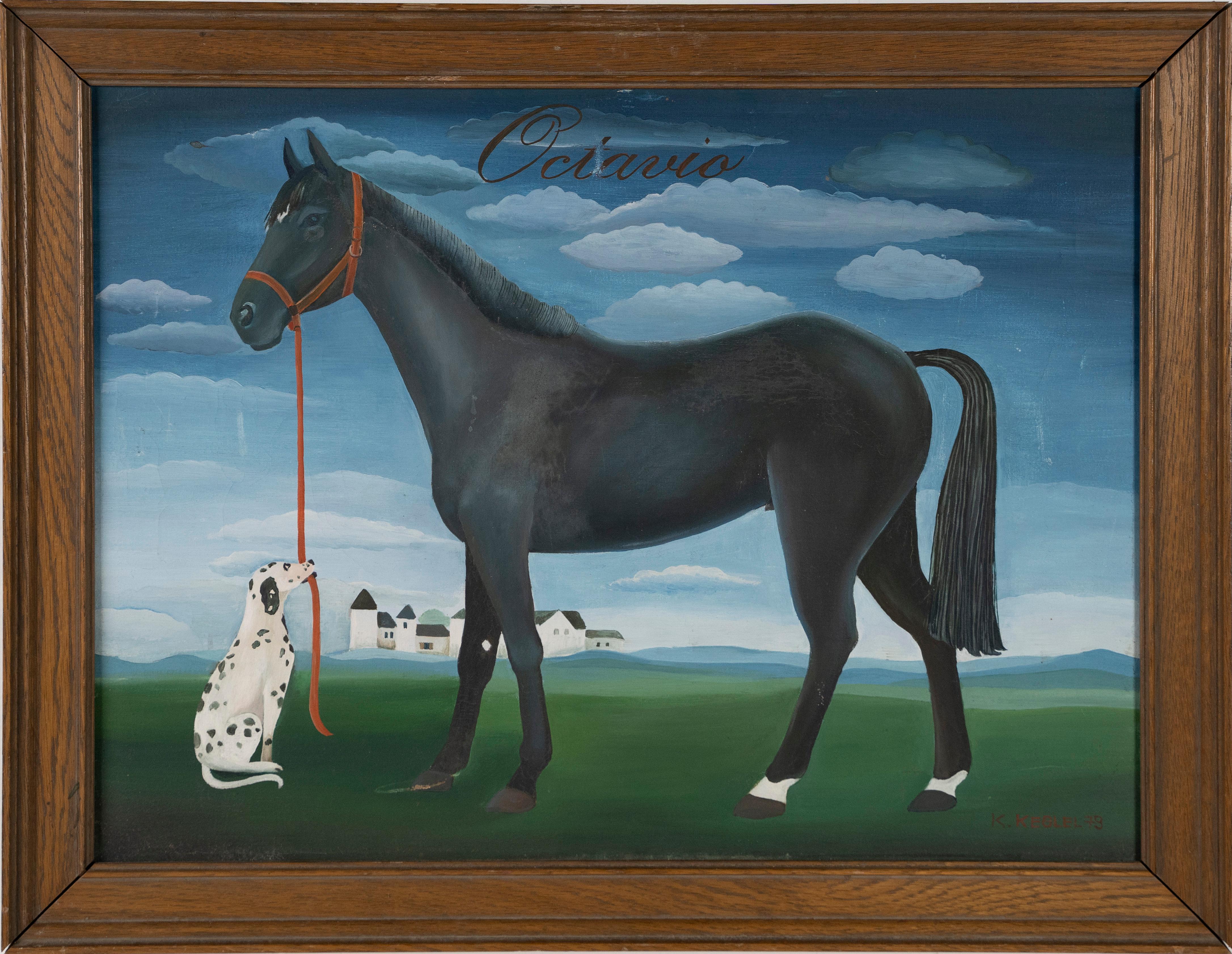 Antikes amerikanisches surreales Landschaftsgemälde, Hund und Pferd, Tier, Porträt, seltenes Ölgemälde – Painting von Unknown