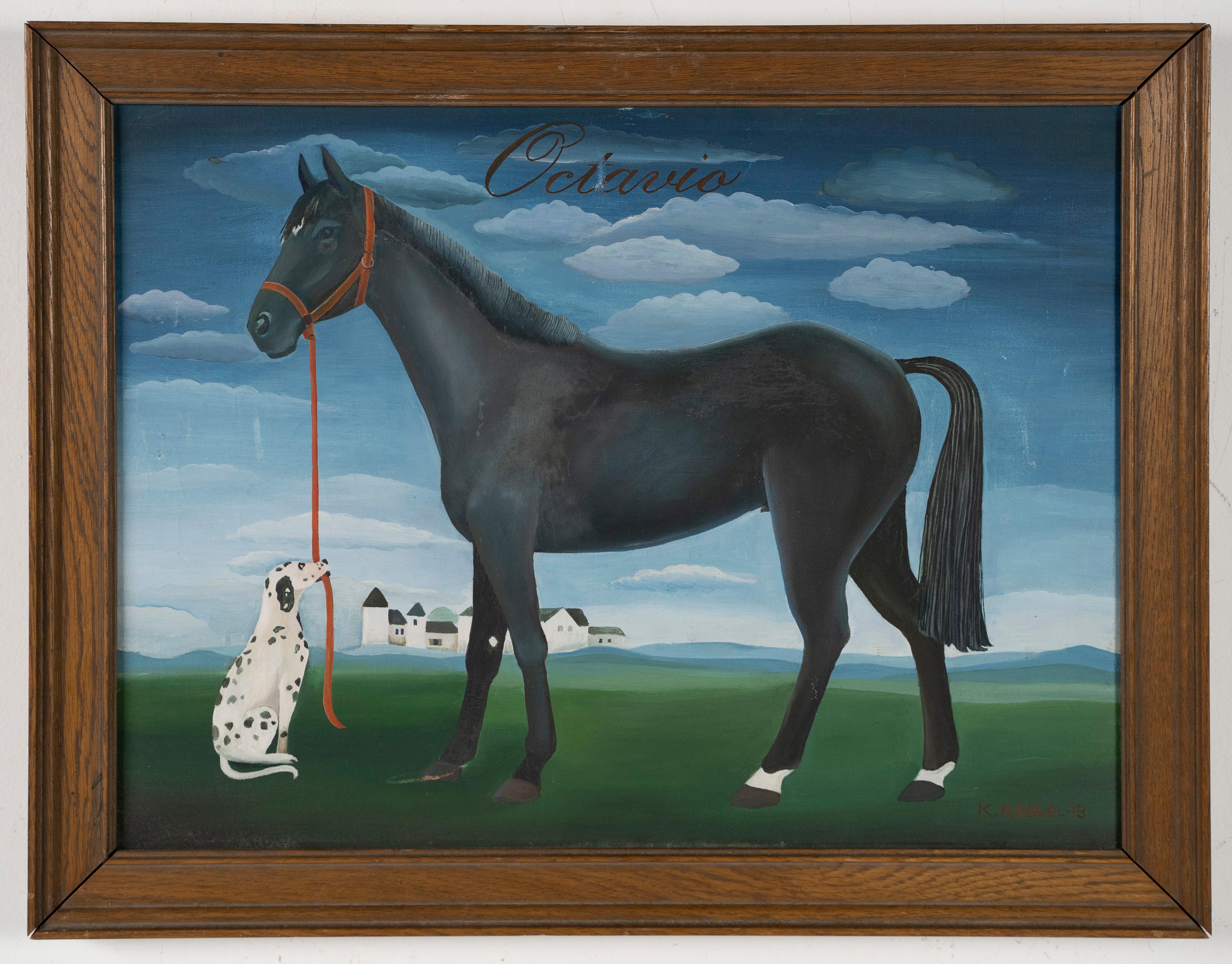 Antikes amerikanisches surreales Landschaftsgemälde, Hund und Pferd, Tier, Porträt, seltenes Ölgemälde (Surrealismus), Painting, von Unknown