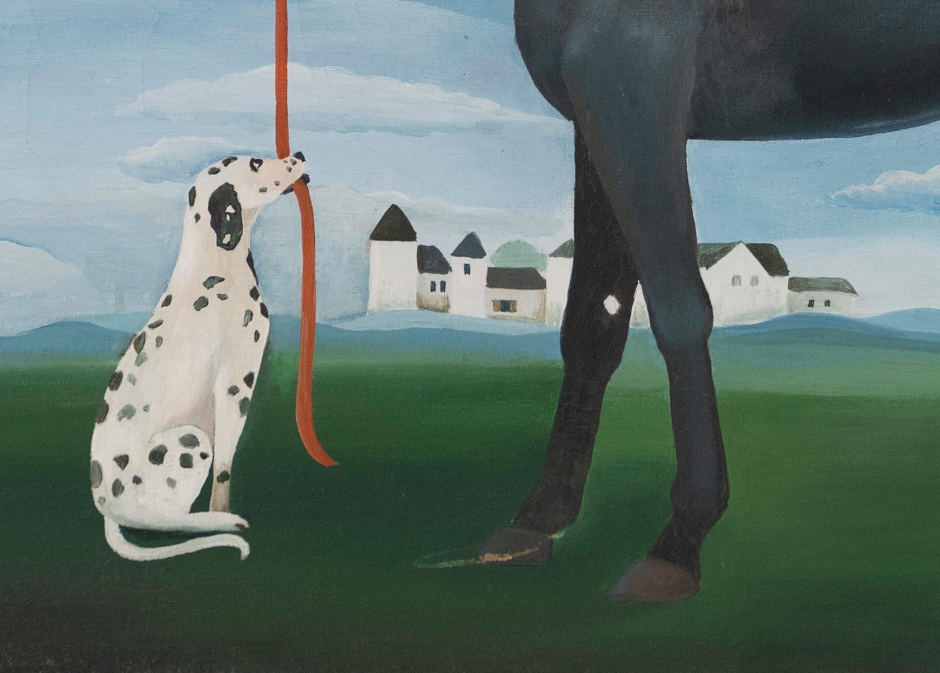 Vintage American Modernist surreale Landschaft Hund und Pferd Porträtmalerei.  Öl auf Leinwand, um 1976.  Unterschrieben.  Gerahmt.  Bildgröße, 19 