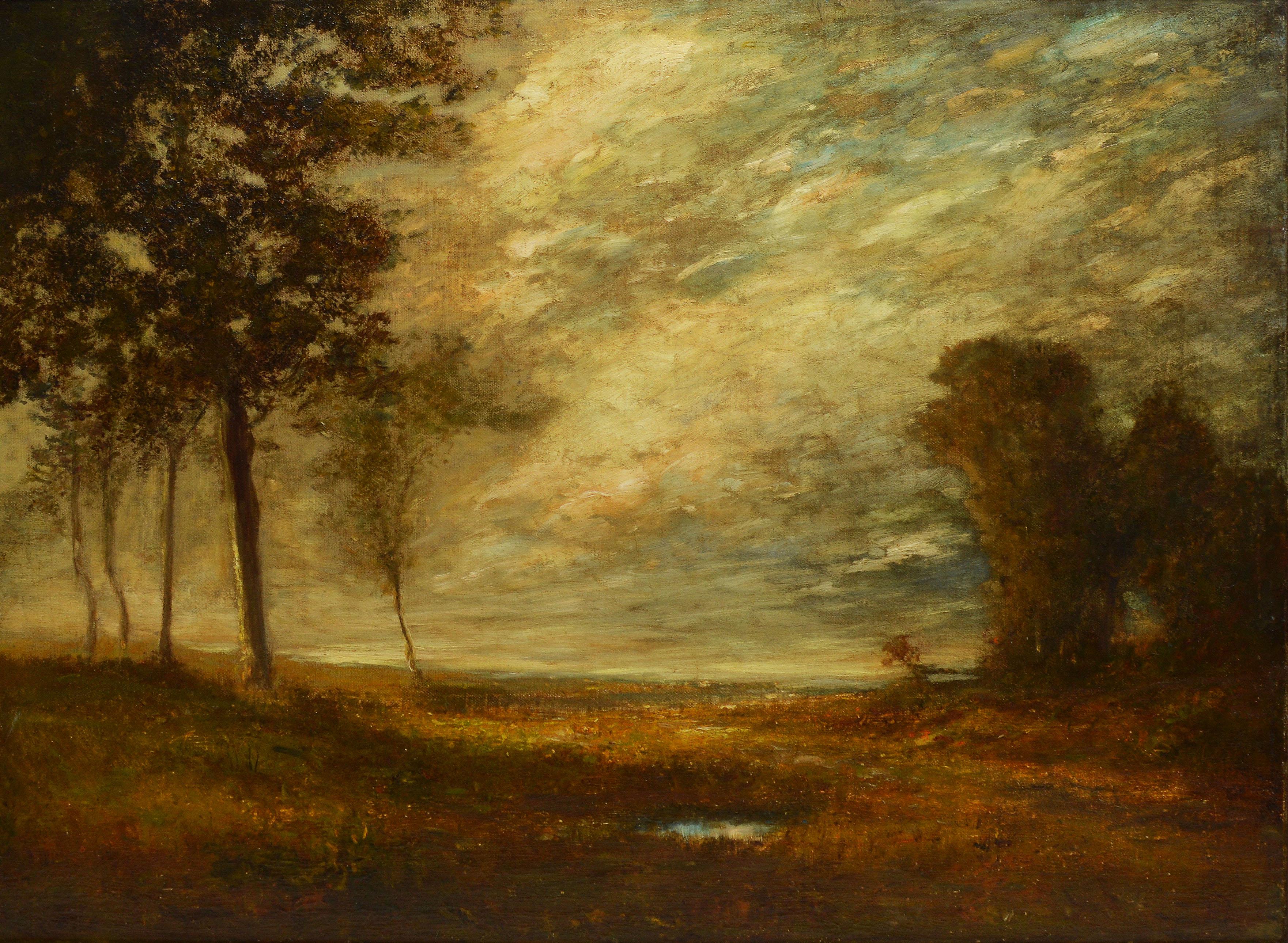 Antique American school tonalist landscape painting.  Oil on canvas, circa 1880.  Unsigned.
 Displayed in a period impressionist frame.  Image size, 30