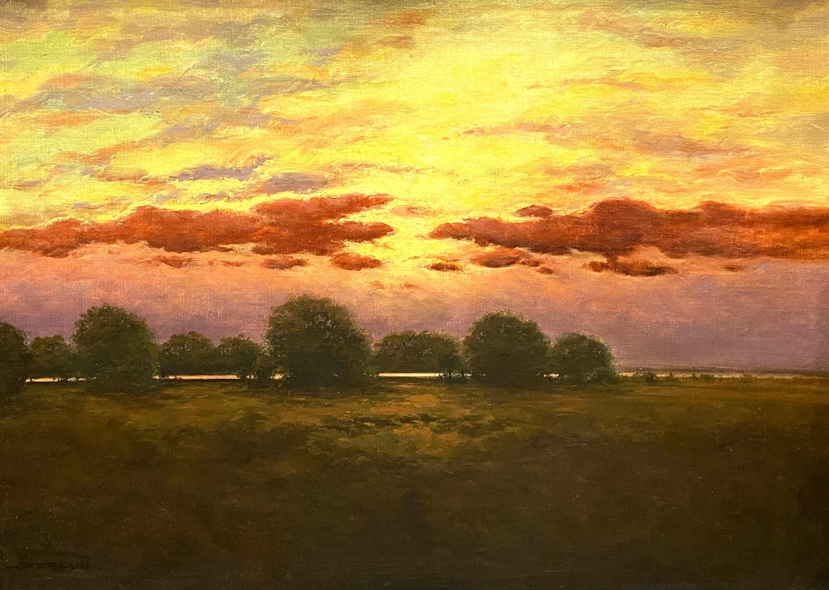 Antikes, signiertes, amerikanisches, impressionistisches, gerahmtes Panoramik-Gemälde, Blazing Sunset – Painting von Unknown