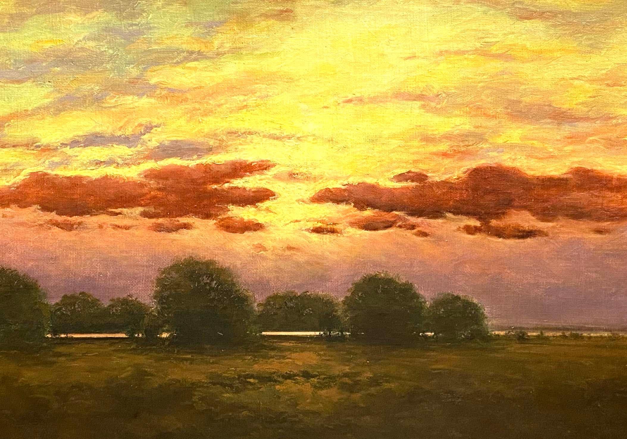 Peinture impressionniste américaine ancienne encadrée d'un blazing Sunset, signée - Hudson River School Painting par Unknown