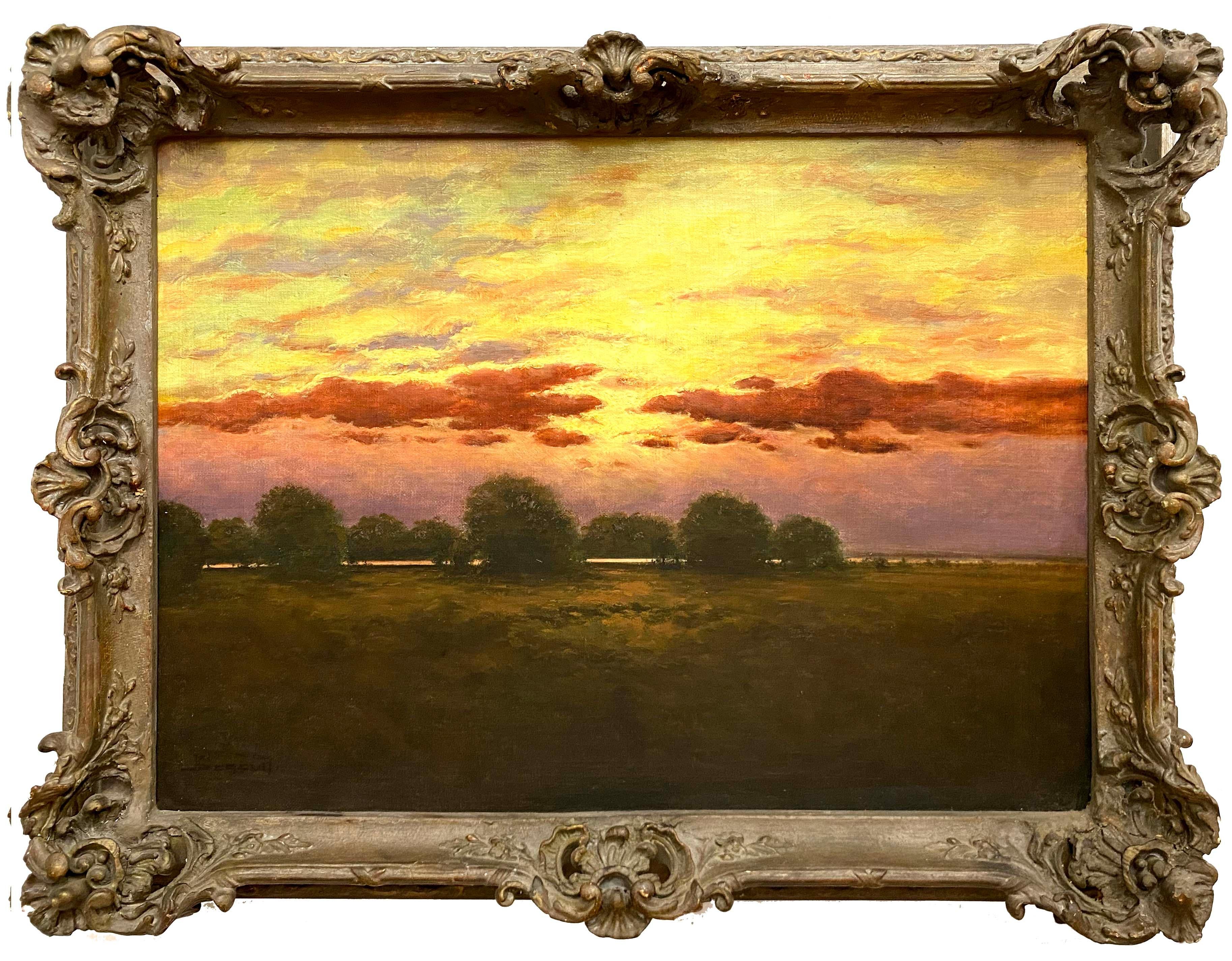 Landscape Painting Unknown - Peinture impressionniste américaine ancienne encadrée d'un blazing Sunset, signée